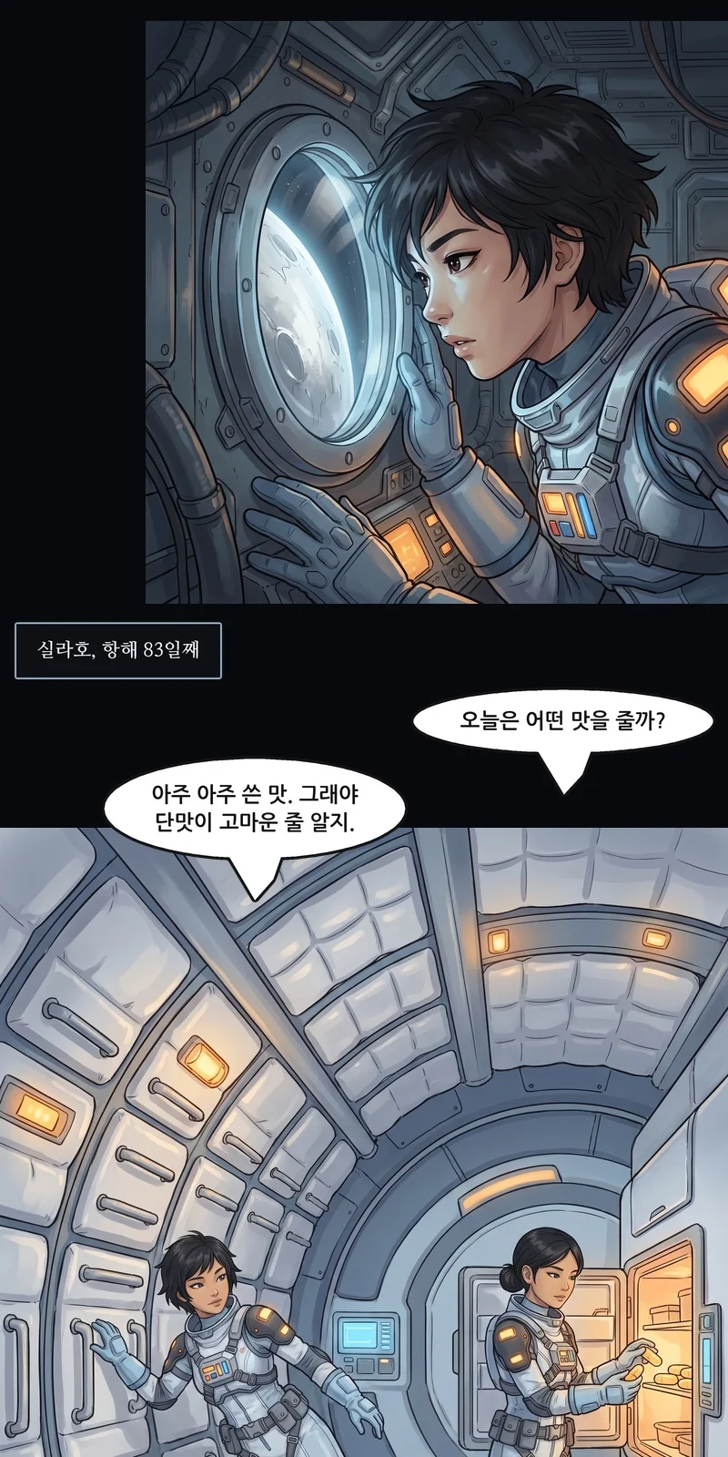 자막: 실라호, 항해 83일째. 언니: “오늘은 어떤 맛을 줄까?” 리엔: “아주 아주 쓴 맛. 그래야 단맛이 고마운 줄 알지.”