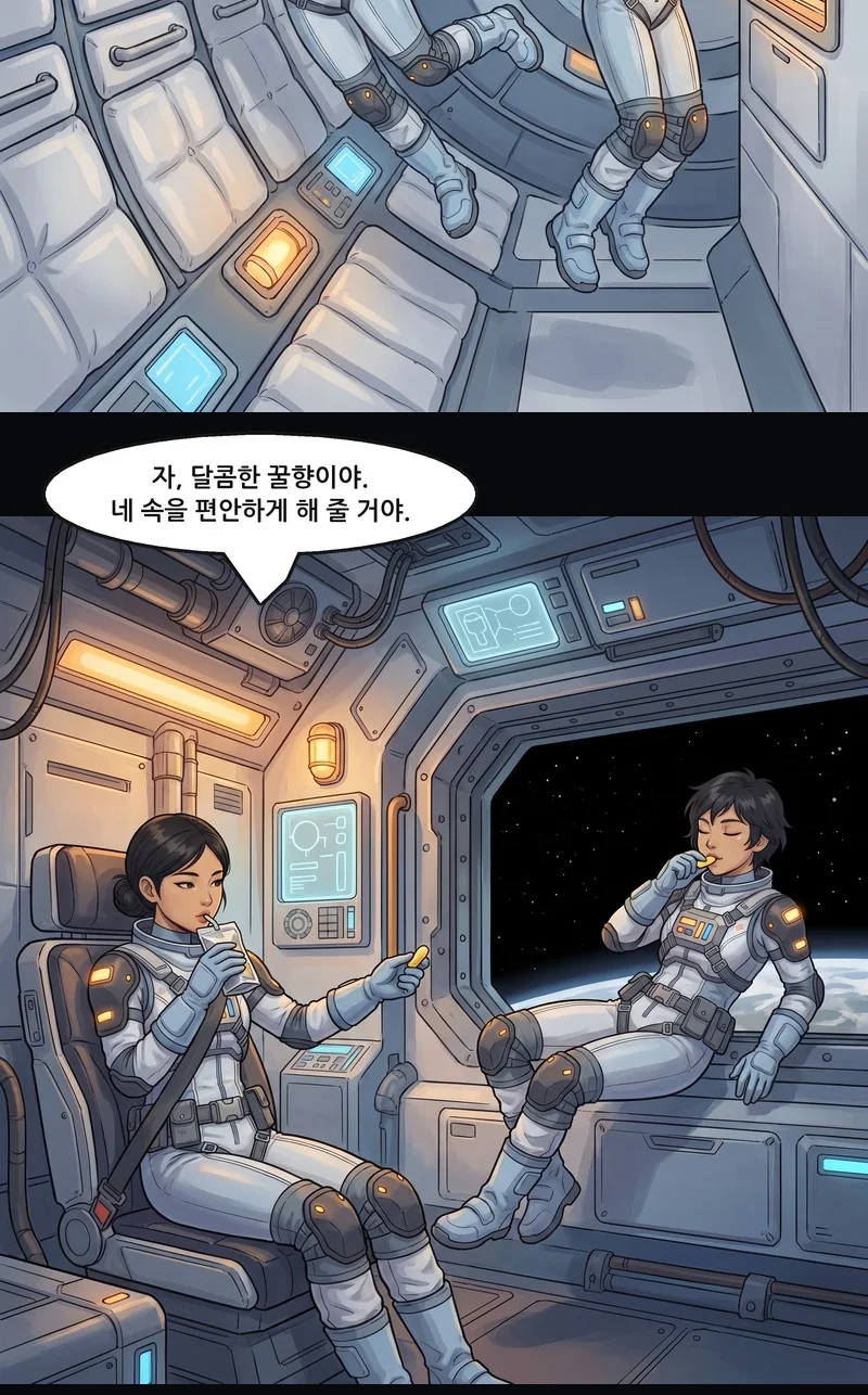 언니: “자, 달콤한 꿀향이야. 네 속을 편안하게 해 줄 거야.”