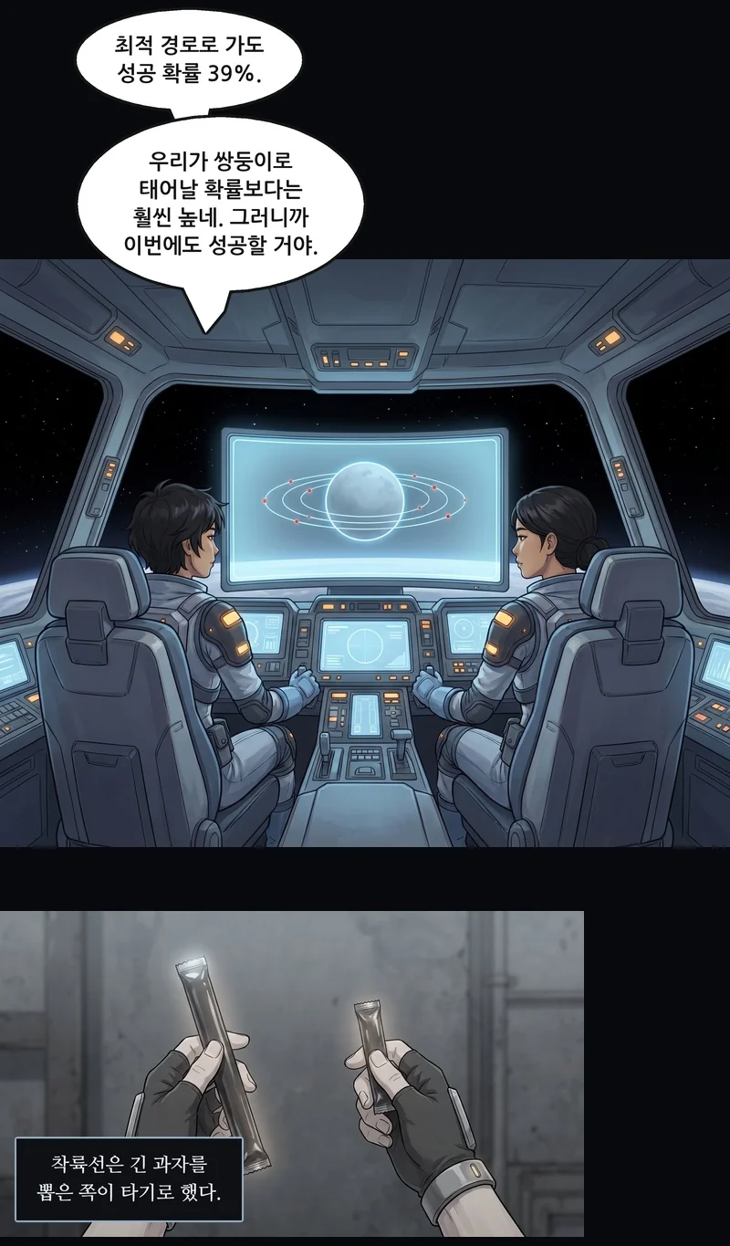 리엔: “최적 경로로 가도 성공 확률 39%.” 리엔: “우리가 쌍둥이로 태어날 확률보다는 훨씬 높네. 그러니까 이번에도 성공할 거야.” 자막: 착륙선은 긴 과자를 뽑은 쪽이 타기로 했다.