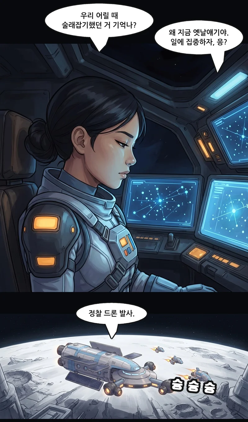 언니: “우리 어릴 때 술래잡기했던 거 기억나?” 리엔: “왜 지금 옛날얘기야. 일에 집중하자, 응?” 언니: “정찰 드론 발사.” 효과음: 슝 슝 슝.