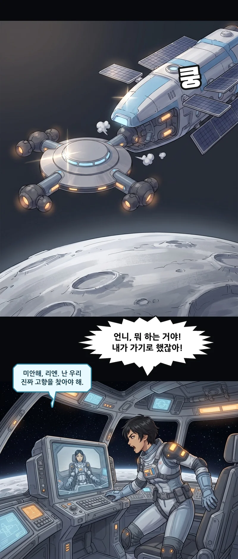 실라호에서 네 팔 끝마다 분출구를 단 원반형 착륙선 실론호가 떨어져 나간다. 조종실의 리엔이 통신 화면 속 언니에게 소리친다. 효과음: 쿵. 리엔: “언니, 뭐 하는 거야! 내가 가기로 했잖아!” 언니(통신): “미안해, 리엔. 난 우리 진짜 고향을 찾아야 해.”