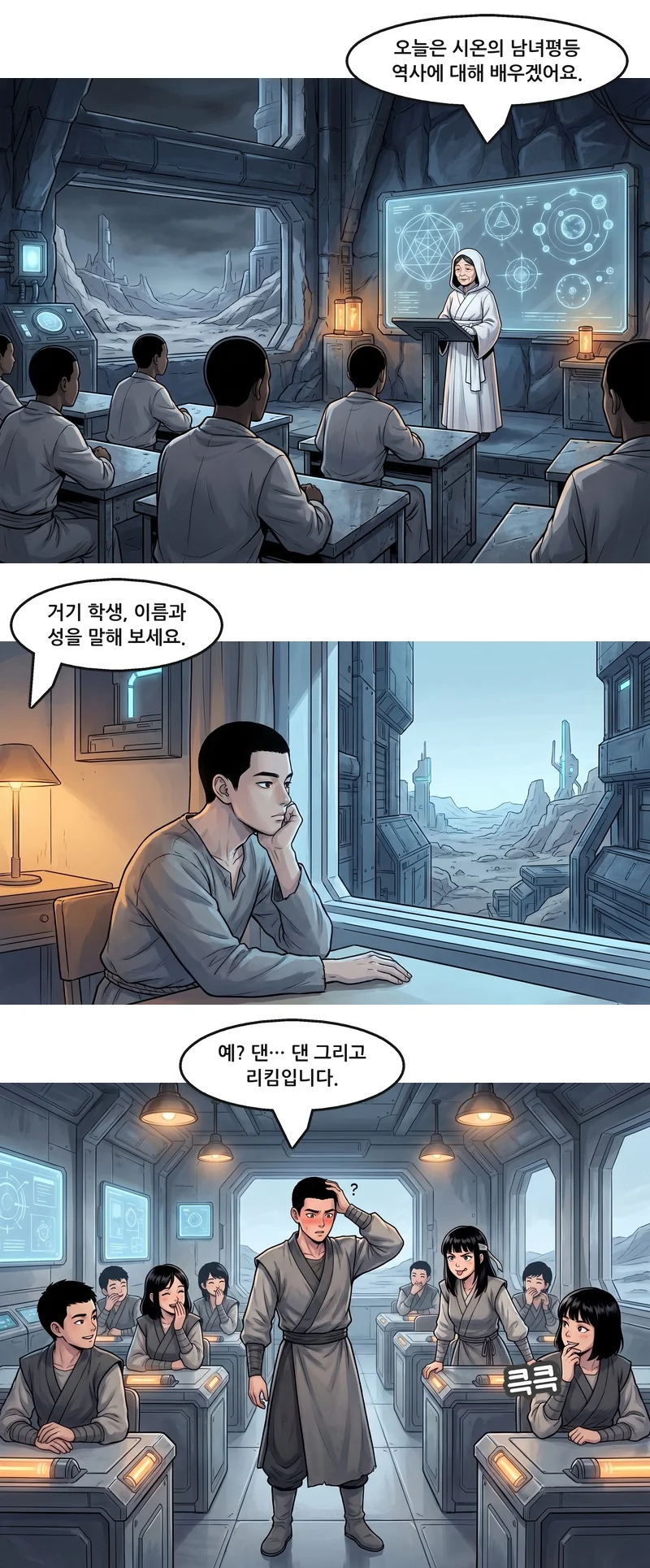 베로니카: “오늘은 시온의 남녀평등 역사에 대해 배우겠어요.” 베로니카: “거기 학생, 이름과 성을 말해 보세요.” 댄: “예? 댄… 댄 그리고 리킴입니다.” 학생들: 큭큭.