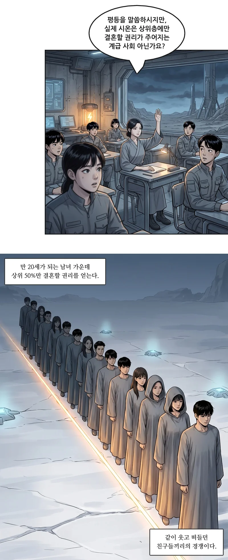 로사: “평등을 말씀하시지만, 실제 시온은 상위층에만 결혼할 권리가 주어지는 계급 사회 아닌가요?” 자막: 만 20세가 되는 남녀 가운데 상위 50%만 결혼할 권리를 얻는다. 자막: 같이 웃고 떠들던 친구들끼리의 경쟁이다.