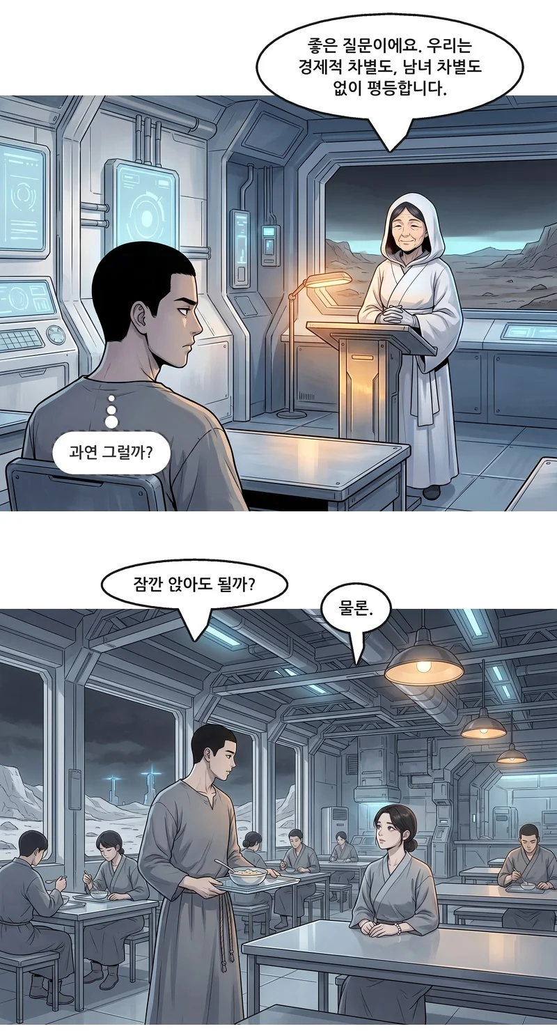 베로니카: “좋은 질문이에요. 우리는 경제적 차별도, 남녀 차별도 없이 평등합니다.” 댄(속마음): ‘과연 그럴까?’ 댄: “잠깐 앉아도 될까?” 로사: “물론.”