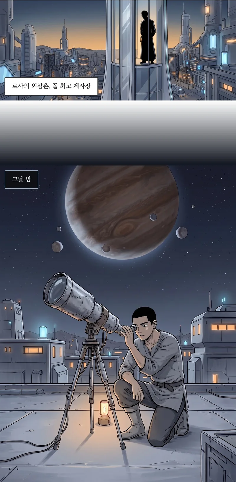 은빛 탑 꼭대기 창가에 마른 남자의 실루엣이 서 있다. 밤, 기숙사 옥상에서 댄이 손수 만든 망원경으로 라온을 들여다본다. 자막: 로사의 외삼촌, 폴 최고 제사장. 자막: 그날 밤.