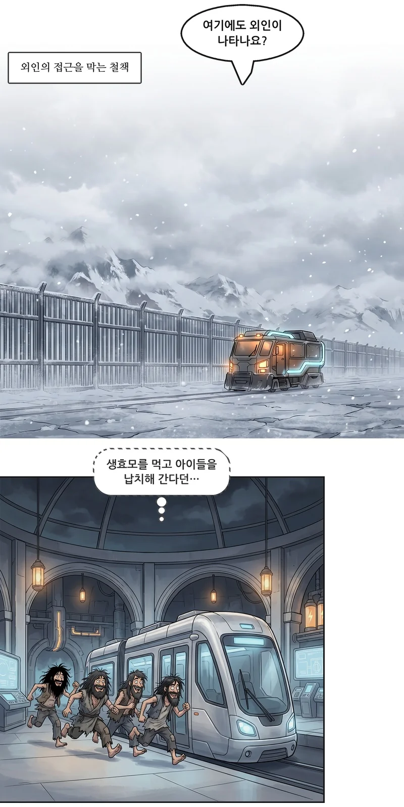 자막: 외인의 접근을 막는 철책. 유나: “여기에도 외인이 나타나요?” 유나(속마음): ‘생효모를 먹고 아이들을 납치해 간다던…’