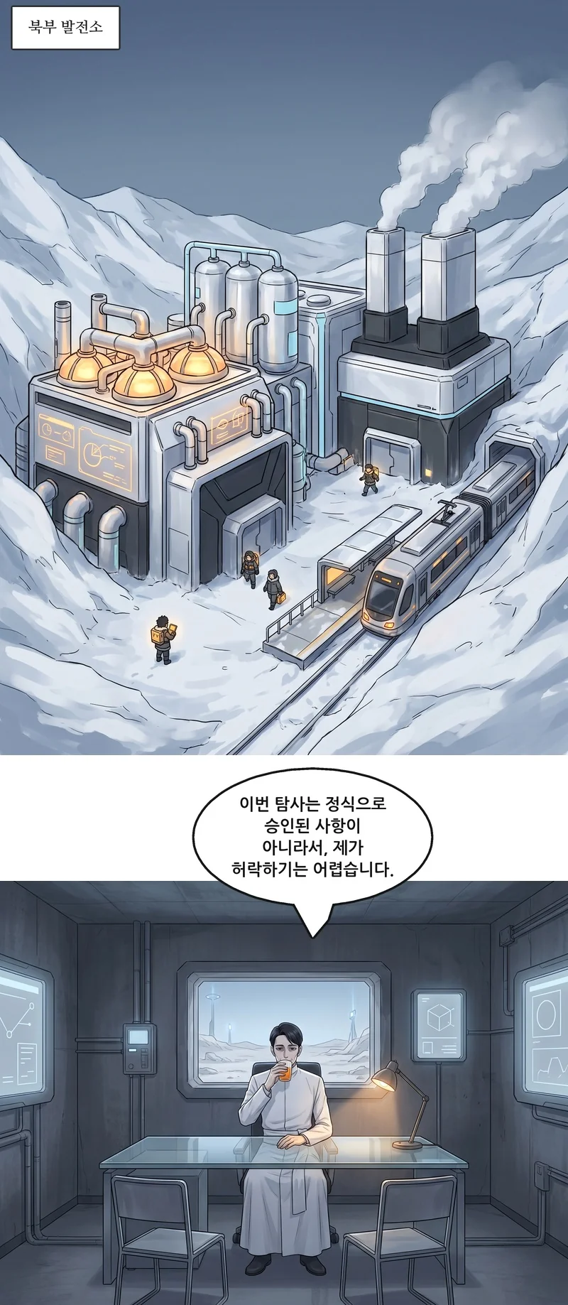 자막: 북부 발전소. 신구: “이번 탐사는 정식으로 승인된 사항이 아니라서, 제가 허락하기는 어렵습니다.”