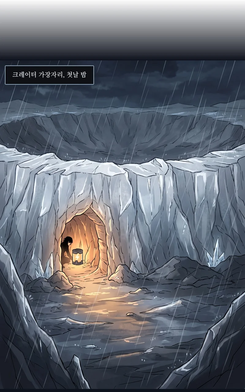 얼음 비가 내리는 밤, 크레이터 얼음벽에 판 작은 동굴에서 랜턴 불빛이 새어 나온다. 자막: 크레이터 가장자리, 첫날 밤.