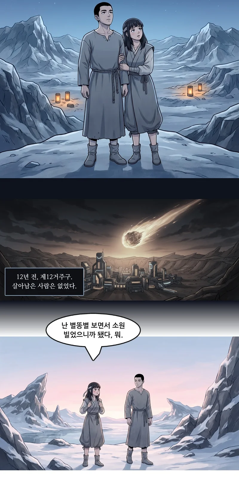 자막: 12년 전, 제12거주구. 살아남은 사람은 없었다. 유나: “난 별똥별 보면서 소원 빌었으니까 됐다, 뭐.”
