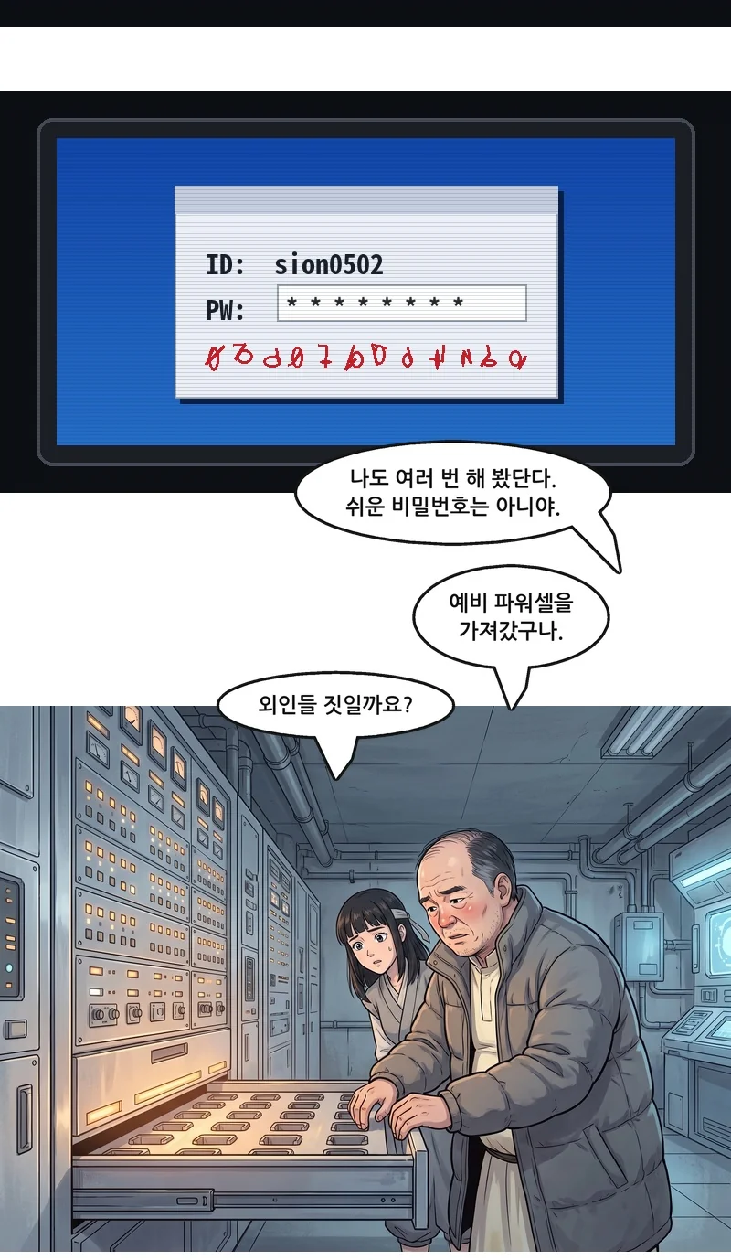 화면: 비밀번호를 넣자 읽을 수 없는 붉은 고대 문자가 뜬다. 벤: “나도 여러 번 해 봤단다. 쉬운 비밀번호는 아니야.” 벤: “예비 파워셀을 가져갔구나.” 유나: “외인들 짓일까요?”
