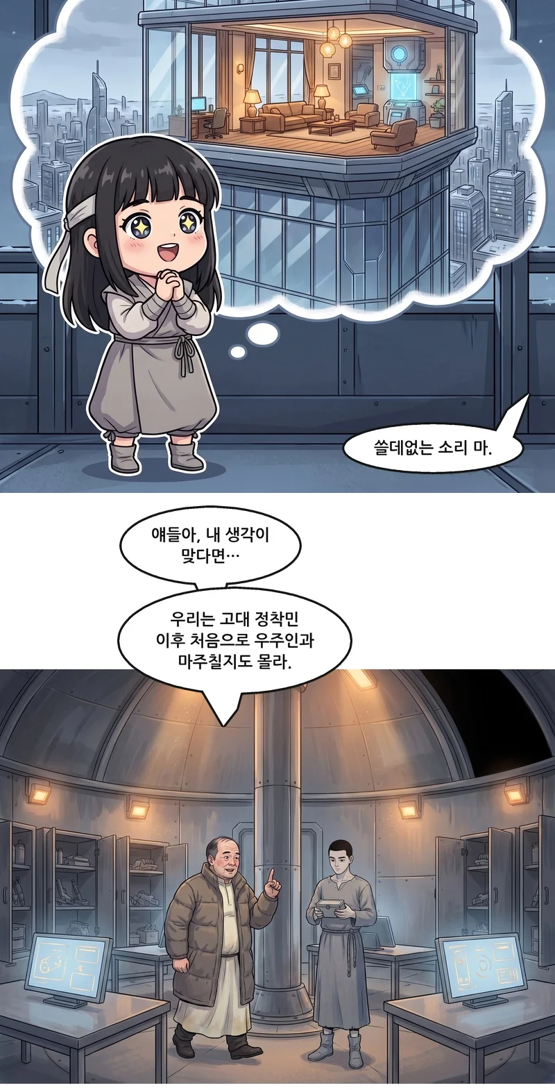 댄: “쓸데없는 소리 마.” 벤: “얘들아, 내 생각이 맞다면…” 벤: “우리는 고대 정착민 이후 처음으로 우주인과 마주칠지도 몰라.”