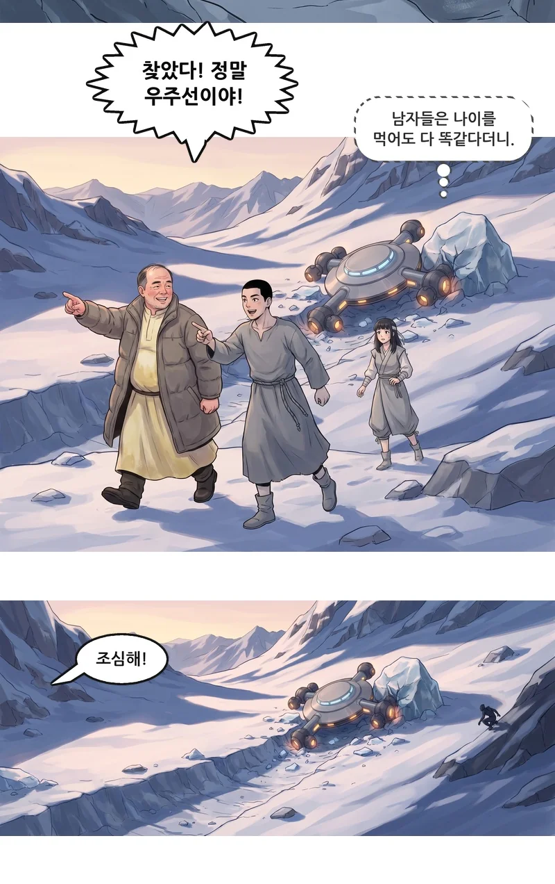 벤: “찾았다! 정말 우주선이야!” 유나(속마음): ‘남자들은 나이를 먹어도 다 똑같다더니.’ 댄: “조심해!”