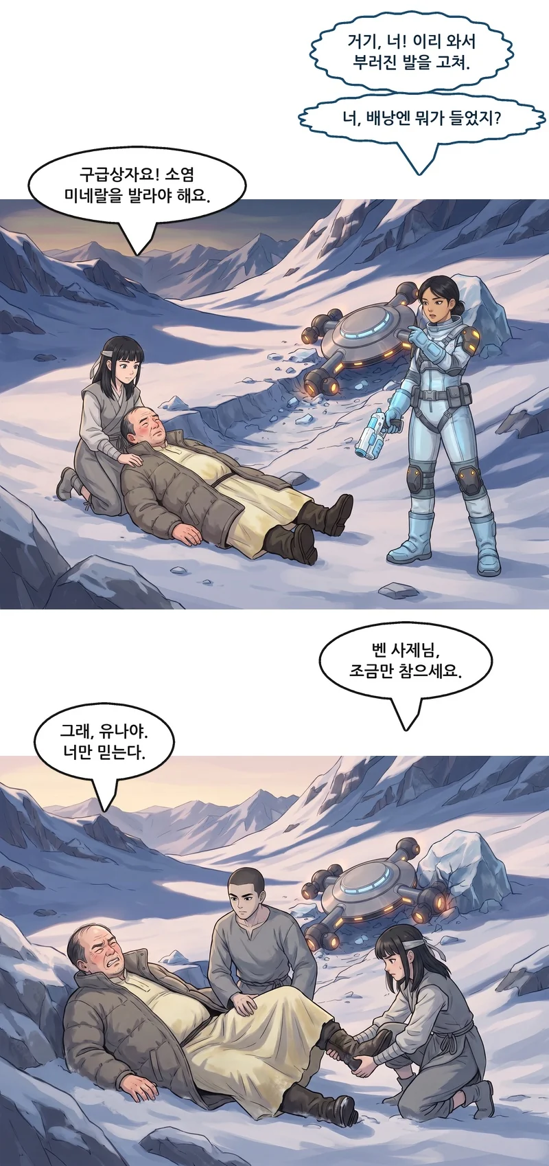 우주인: “거기, 너! 이리 와서 부러진 발을 고쳐.” 우주인: “너, 배낭엔 뭐가 들었지?” 유나: “구급상자요! 소염 미네랄을 발라야 해요.” 유나: “벤 사제님, 조금만 참으세요.” 벤: “그래, 유나야. 너만 믿는다.”