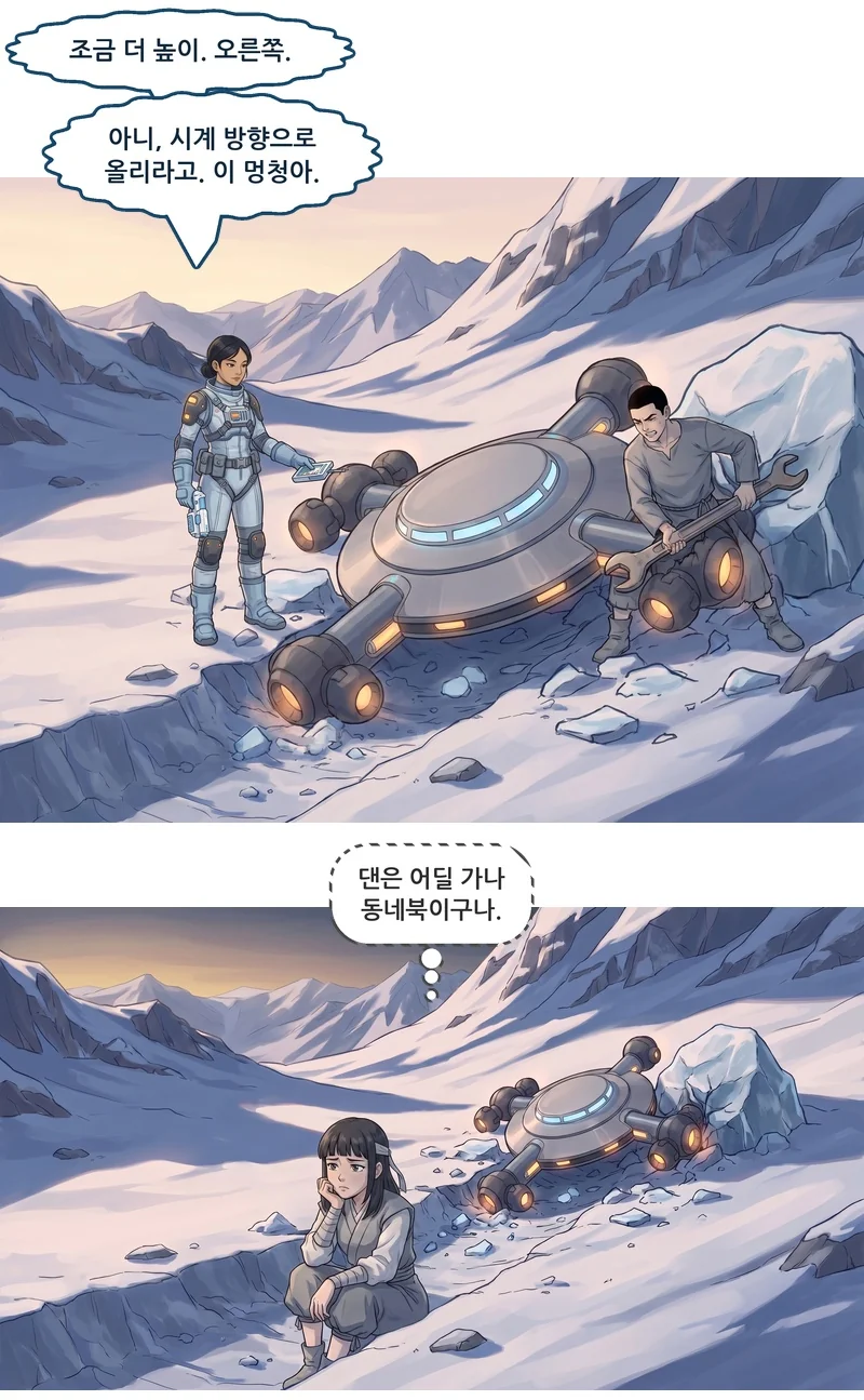 메이: “조금 더 높이. 오른쪽.” 메이: “아니, 시계 방향으로 올리라고. 이 멍청아.” 유나(속마음): ‘댄은 어딜 가나 동네북이구나.’