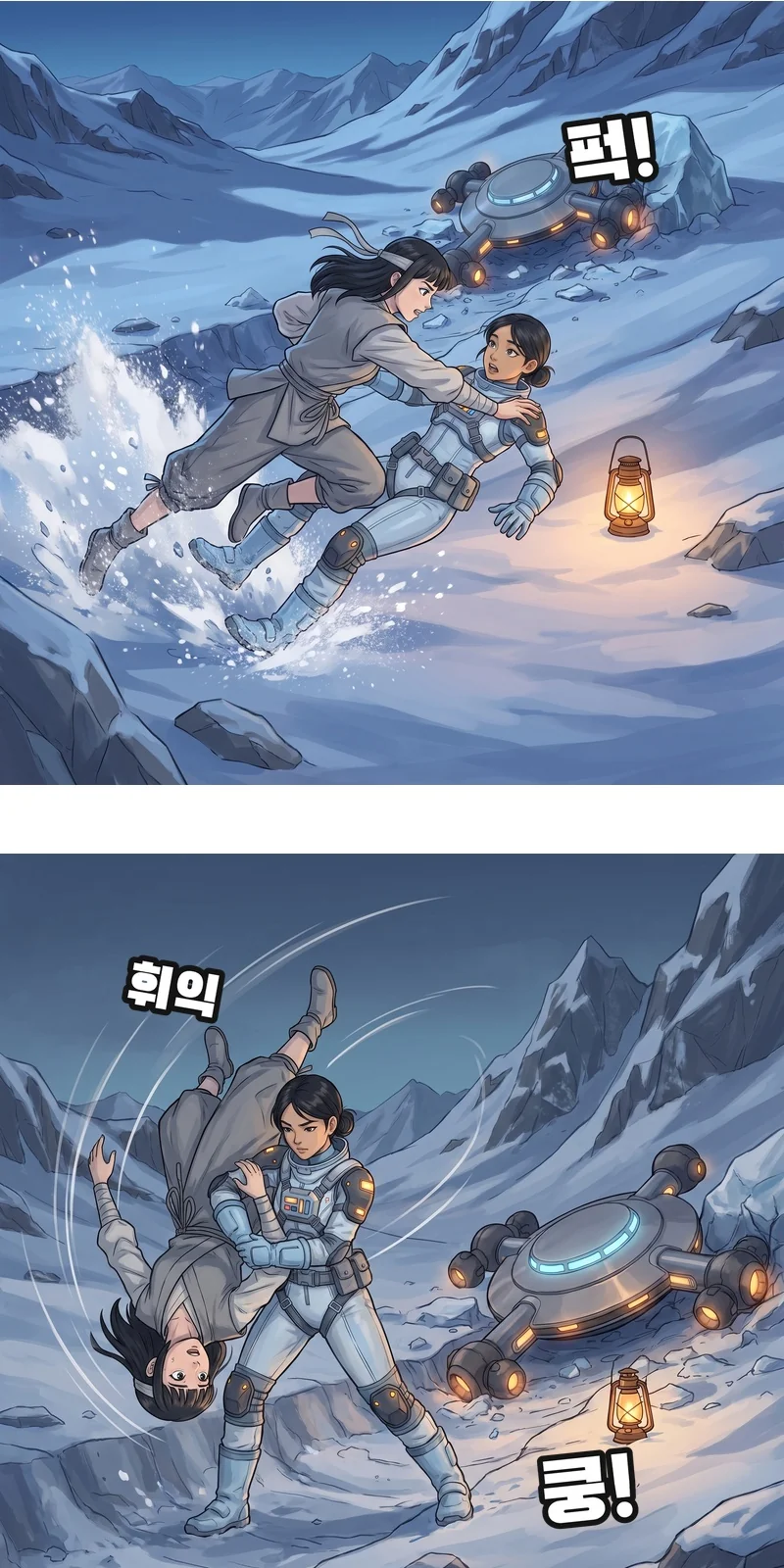 유나가 메이에게 몸을 던져 덮친다. 메이가 무시무시한 힘으로 몸을 뒤집어 유나를 메친다. 효과음: 퍽! 효과음: 휘익. 효과음: 쿵!