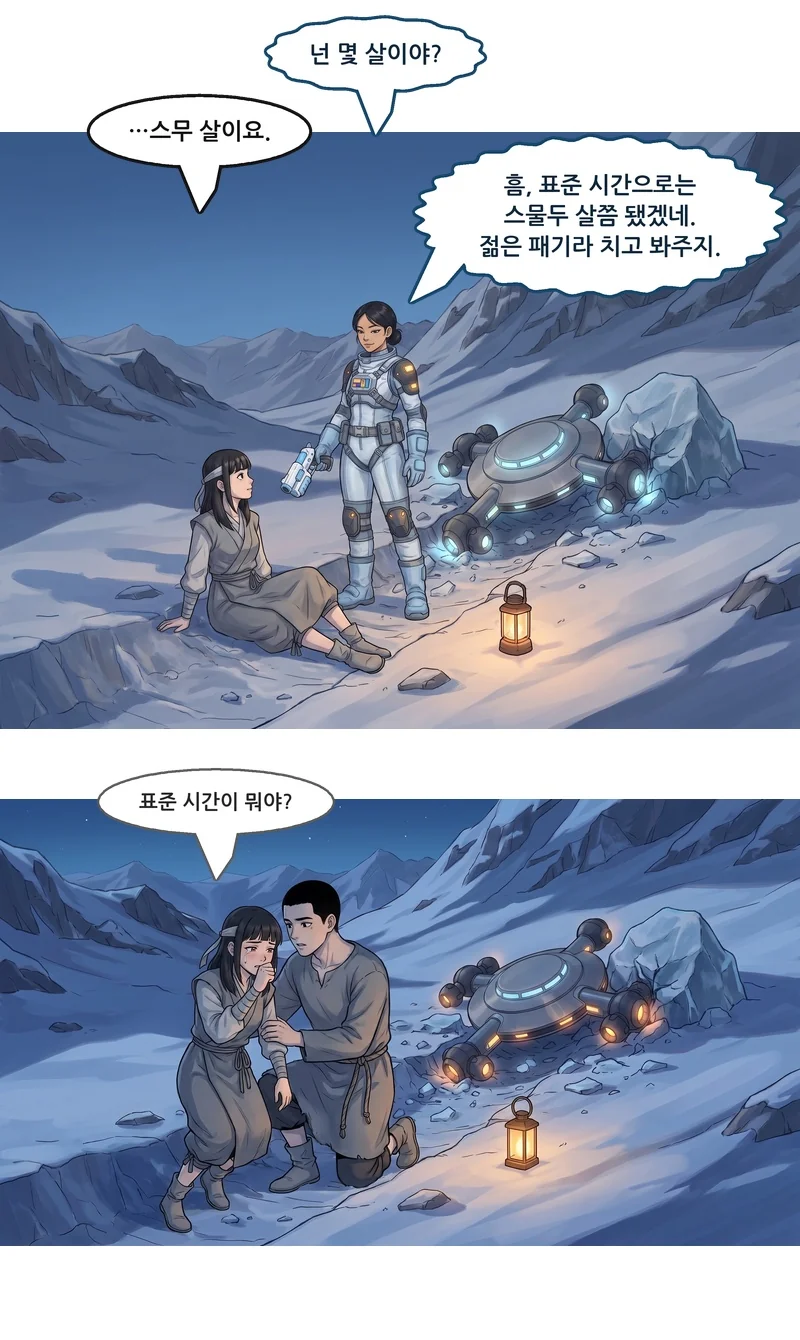 메이: “넌 몇 살이야?” 유나: “…스무 살이요.” 메이: “흠, 표준 시간으로는 스물두 살쯤 됐겠네. 젊은 패기라 치고 봐주지.” 유나(작게): “표준 시간이 뭐야?”