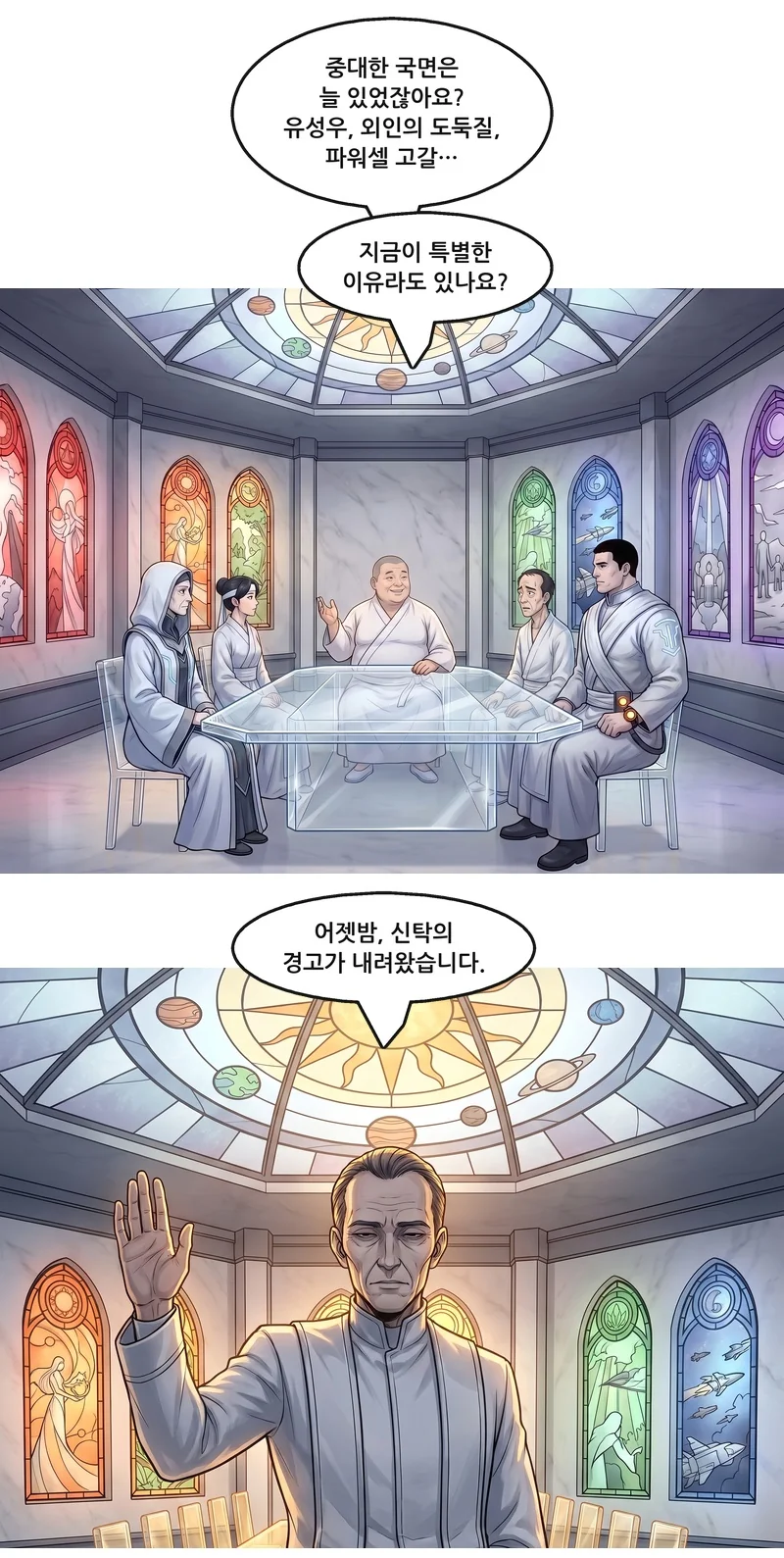 존: “중대한 국면은 늘 있었잖아요? 유성우, 외인의 도둑질, 파워셀 고갈…” 존: “지금이 특별한 이유라도 있나요?” 폴: “어젯밤, 신탁의 경고가 내려왔습니다.”