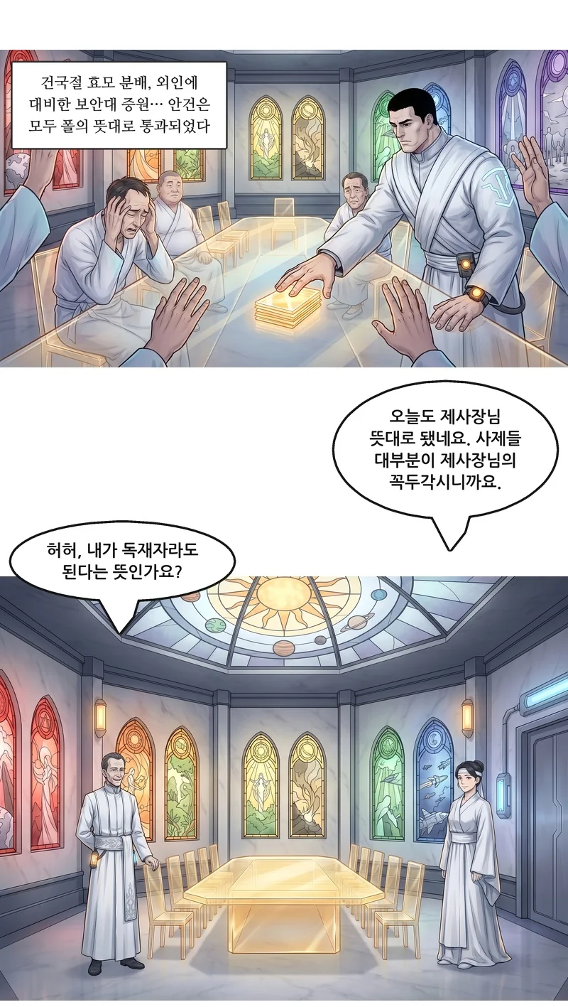 자막: 건국절 효모 분배, 외인에 대비한 보안대 증원… 안건은 모두 폴의 뜻대로 통과되었다. 수잔: “오늘도 제사장님 뜻대로 됐네요. 사제들 대부분이 제사장님의 꼭두각시니까요.” 폴: “허허, 내가 독재자라도 된다는 뜻인가요?”
