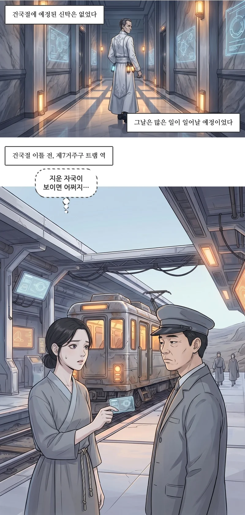 자막: 건국절에 예정된 신탁은 없었다. 자막: 그날은 많은 일이 일어날 예정이었다. 자막: 건국절 이틀 전, 제7거주구 트램 역. 로사(속마음): ‘지운 자국이 보이면 어쩌지…’