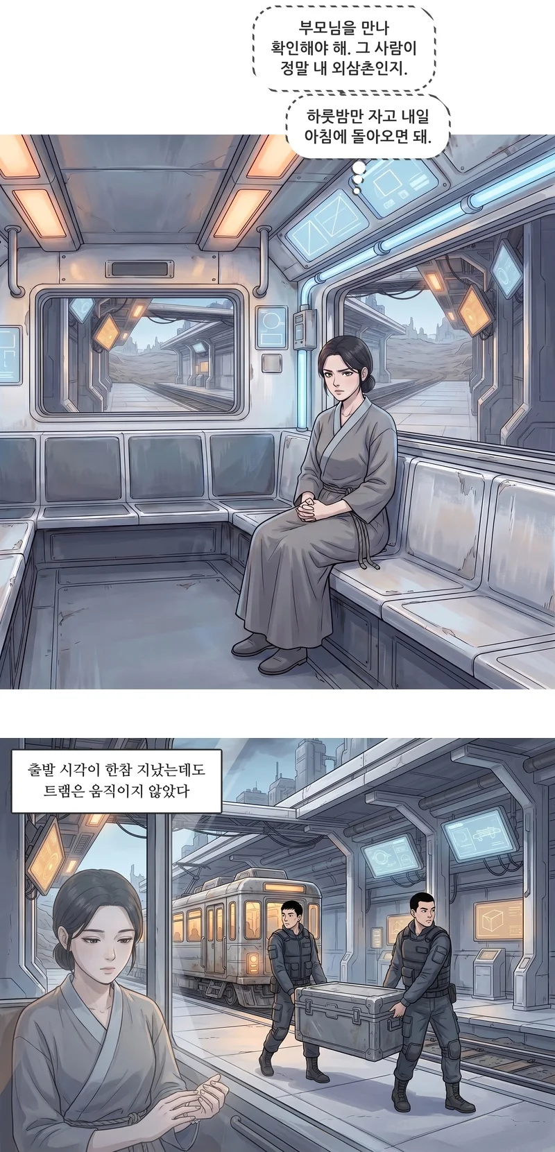로사(속마음): ‘부모님을 만나 확인해야 해. 그 사람이 정말 내 외삼촌인지.’ 로사(속마음): ‘하룻밤만 자고 내일 아침에 돌아오면 돼.’ 자막: 출발 시각이 한참 지났는데도 트램은 움직이지 않았다.
