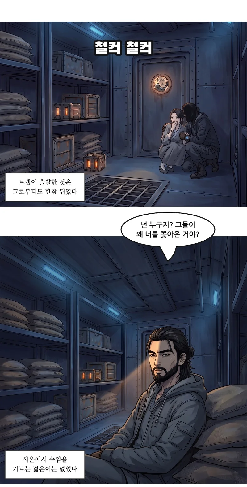 효과음: 철컥 철컥. 자막: 트램이 출발한 것은 그로부터도 한참 뒤였다. 제임스: “넌 누구지? 그들이 왜 너를 쫓아온 거야?” 자막: 시온에서 수염을 기르는 젊은이는 없었다.