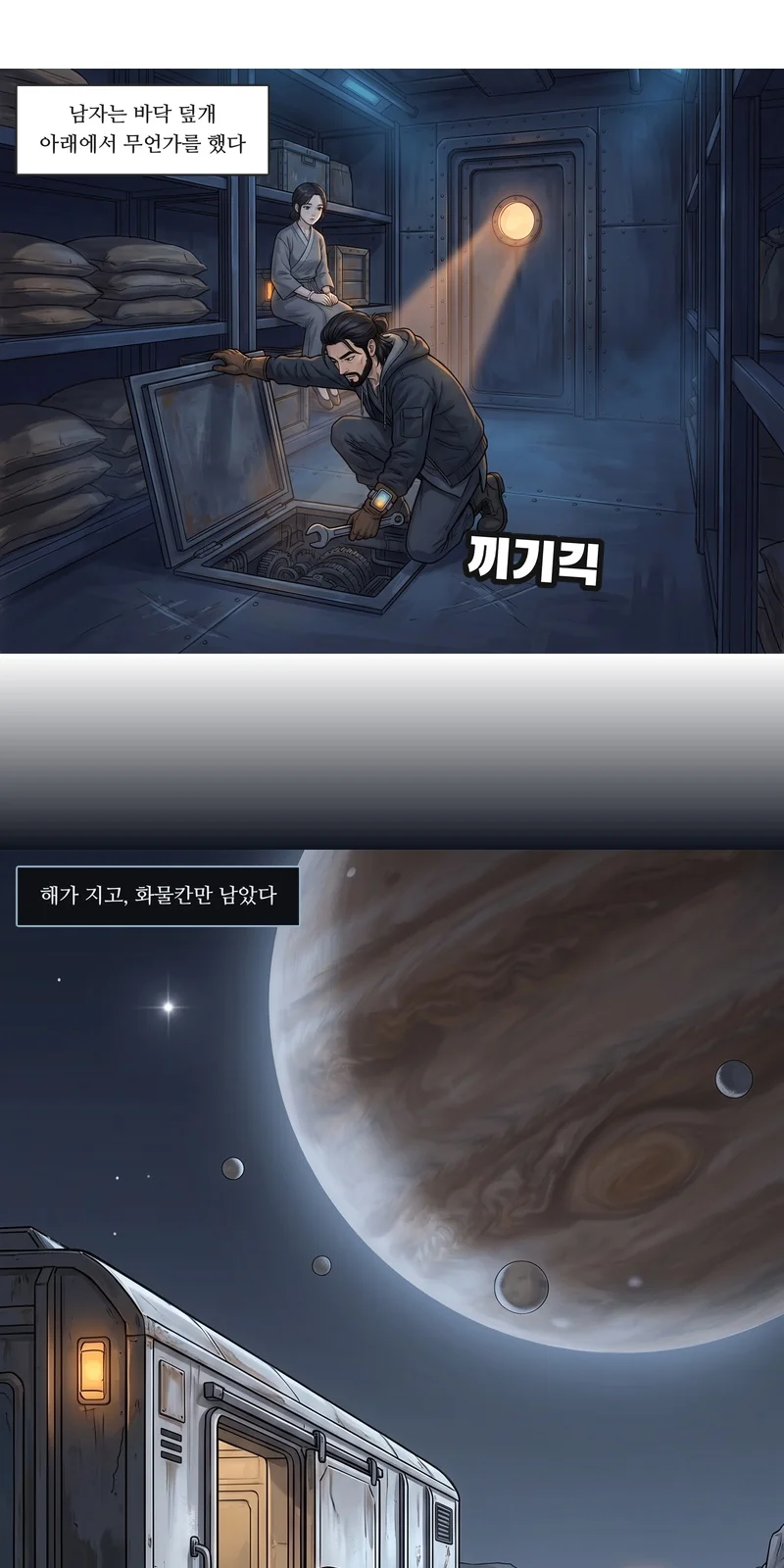 효과음: 끼기긱. 자막: 남자는 바닥 덮개 아래에서 무언가를 했다. 자막: 해가 지고, 화물칸만 남았다.