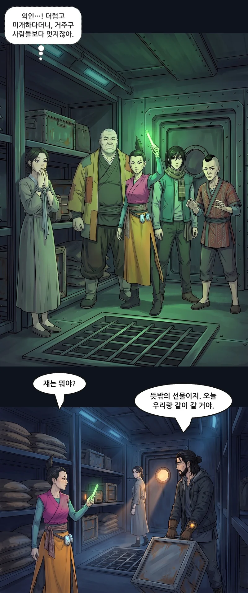 로사(속마음): ‘외인…! 더럽고 미개하다더니, 거주구 사람들보다 멋지잖아.’ 릴리: “쟤는 뭐야?” 제임스: “뜻밖의 선물이지. 오늘 우리랑 같이 갈 거야.”