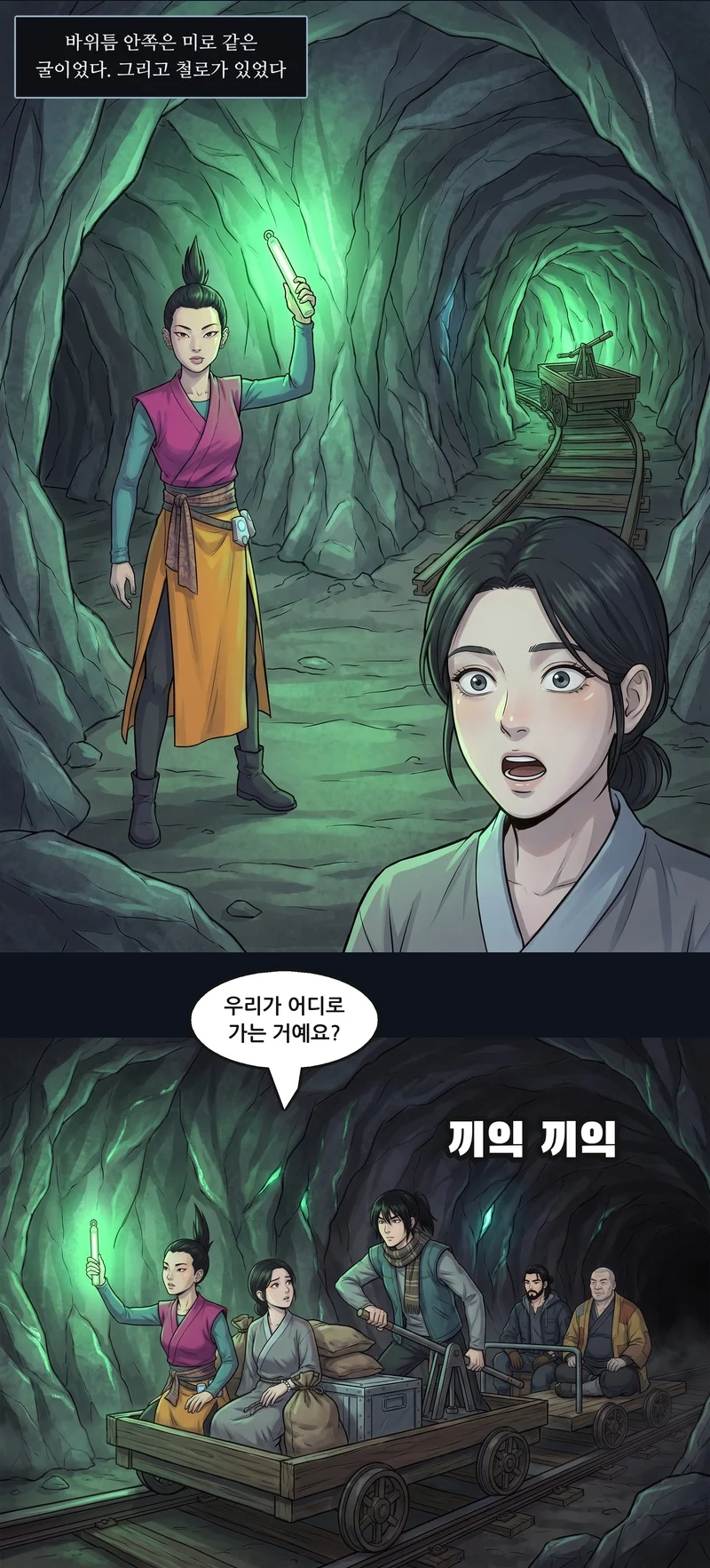 자막: 바위틈 안쪽은 미로 같은 굴이었다. 그리고 철로가 있었다. 효과음: 끼익 끼익. 로사: “우리가 어디로 가는 거예요?”