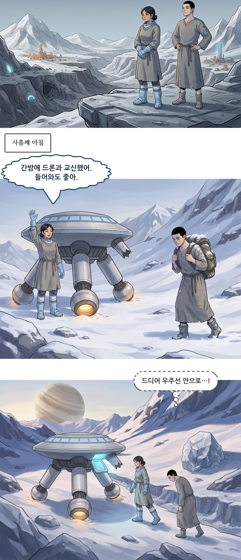 자막: 사흘째 아침. 메이: “간밤에 드론과 교신했어. 들어와도 좋아.” 댄(속마음): ‘드디어 우주선 안으로…!’