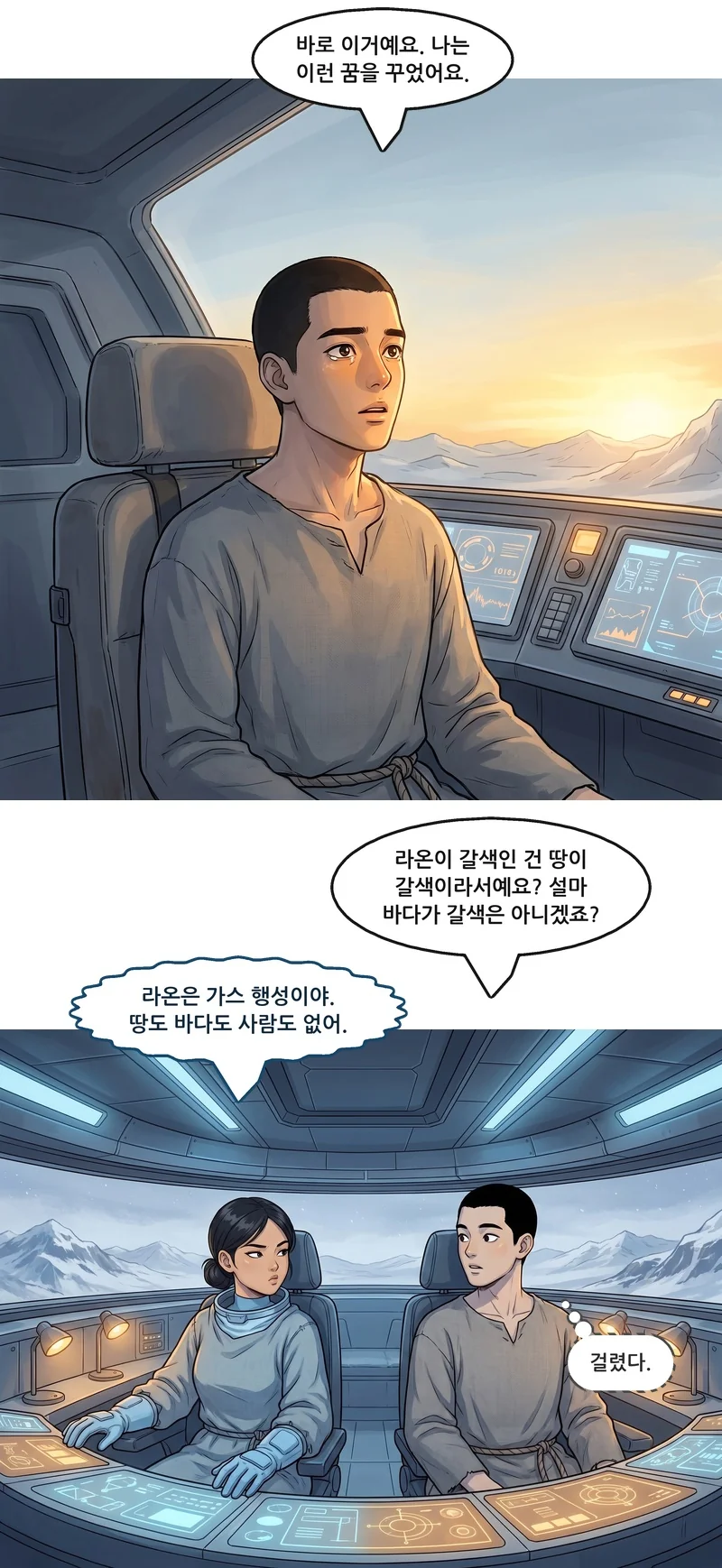 댄: “바로 이거예요. 나는 이런 꿈을 꾸었어요.” 댄: “라온이 갈색인 건 땅이 갈색이라서예요? 설마 바다가 갈색은 아니겠죠?” 메이: “라온은 가스 행성이야. 땅도 바다도 사람도 없어.” 댄(속마음): ‘걸렸다.’