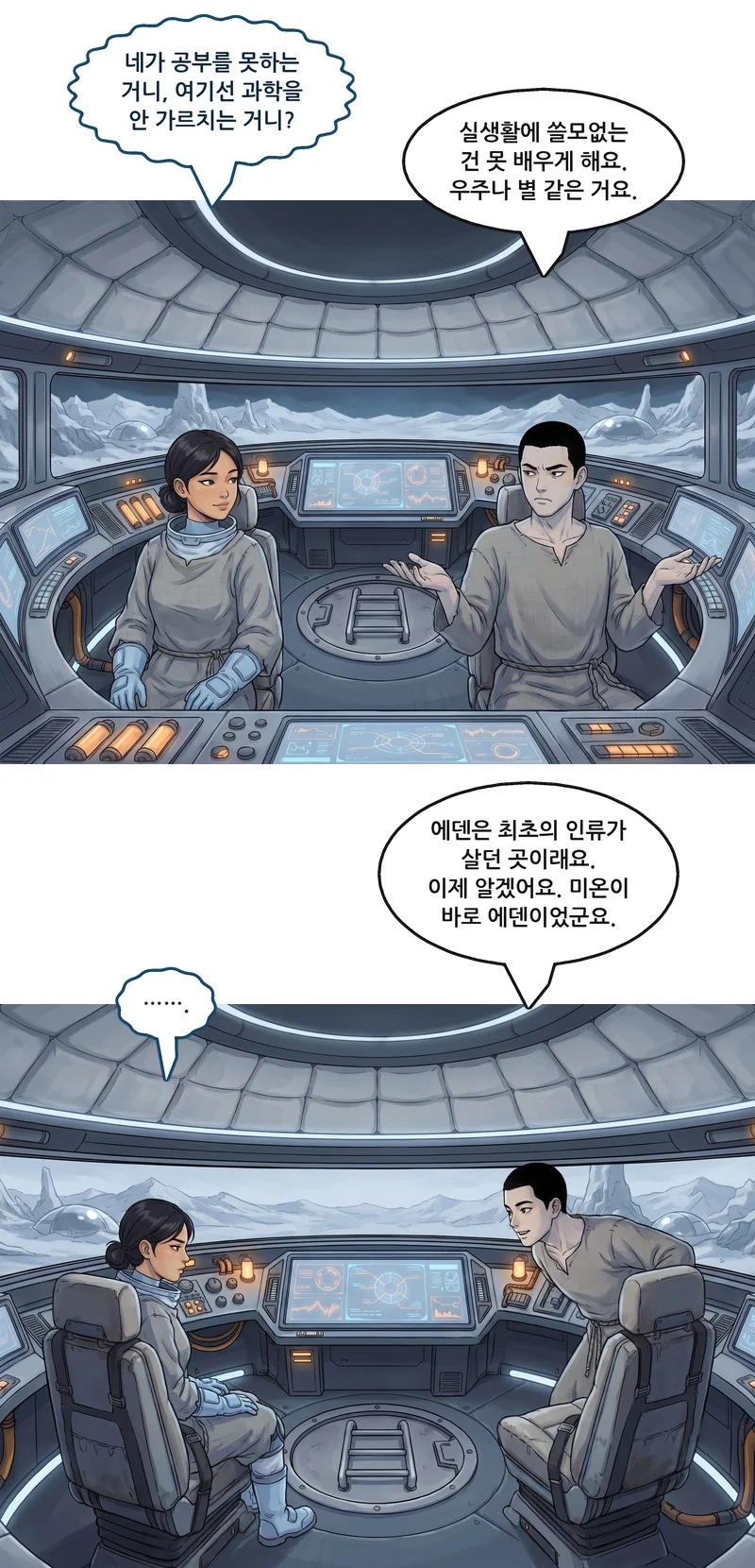 메이: “네가 공부를 못하는 거니, 여기선 과학을 안 가르치는 거니?” 댄: “실생활에 쓸모없는 건 못 배우게 해요. 우주나 별 같은 거요.” 댄: “에덴은 최초의 인류가 살던 곳이래요. 이제 알겠어요. 미온이 바로 에덴이었군요.” 메이: “…….”