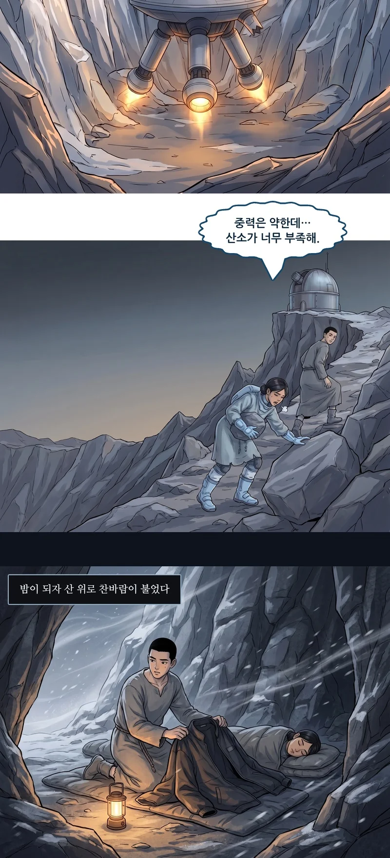메이: “중력은 약한데… 산소가 너무 부족해.” 자막: 밤이 되자 산 위로 찬바람이 불었다.