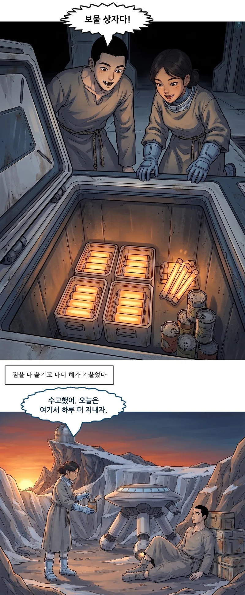 댄: “보물 상자다!” 자막: 짐을 다 옮기고 나니 해가 기울었다. 메이: “수고했어. 오늘은 여기서 하루 더 지내자.”
