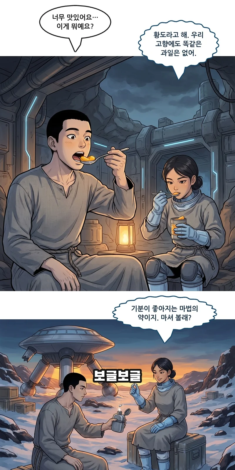 댄: “너무 맛있어요… 이게 뭐예요?” 메이: “황도라고 해. 우리 고향에도 똑같은 과일은 없어.” 메이: “기분이 좋아지는 마법의 약이지. 마셔 볼래?” 효과음: 보글보글.