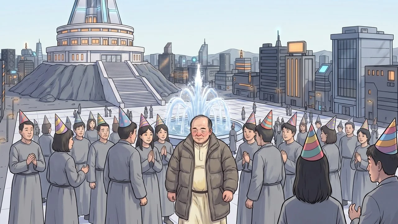 고깔모자를 쓴 사람들로 붐비는 건국절 광장, 그 가운데에 선 벤 사제