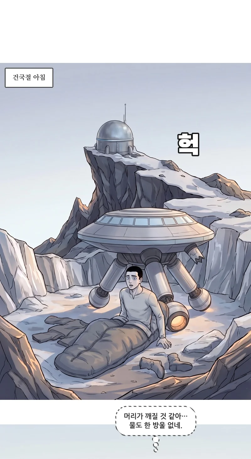 자막: 건국절 아침. 효과음: 헉. 댄(속마음): ‘머리가 깨질 것 같아… 물도 한 방울 없네.’