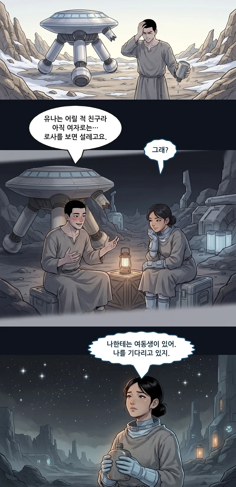 댄: “유나는 어릴 적 친구라 아직 여자로는… 로사를 보면 설레고요.” 메이: “그래?” 메이: “나한테는 여동생이 있어. 나를 기다리고 있지.”