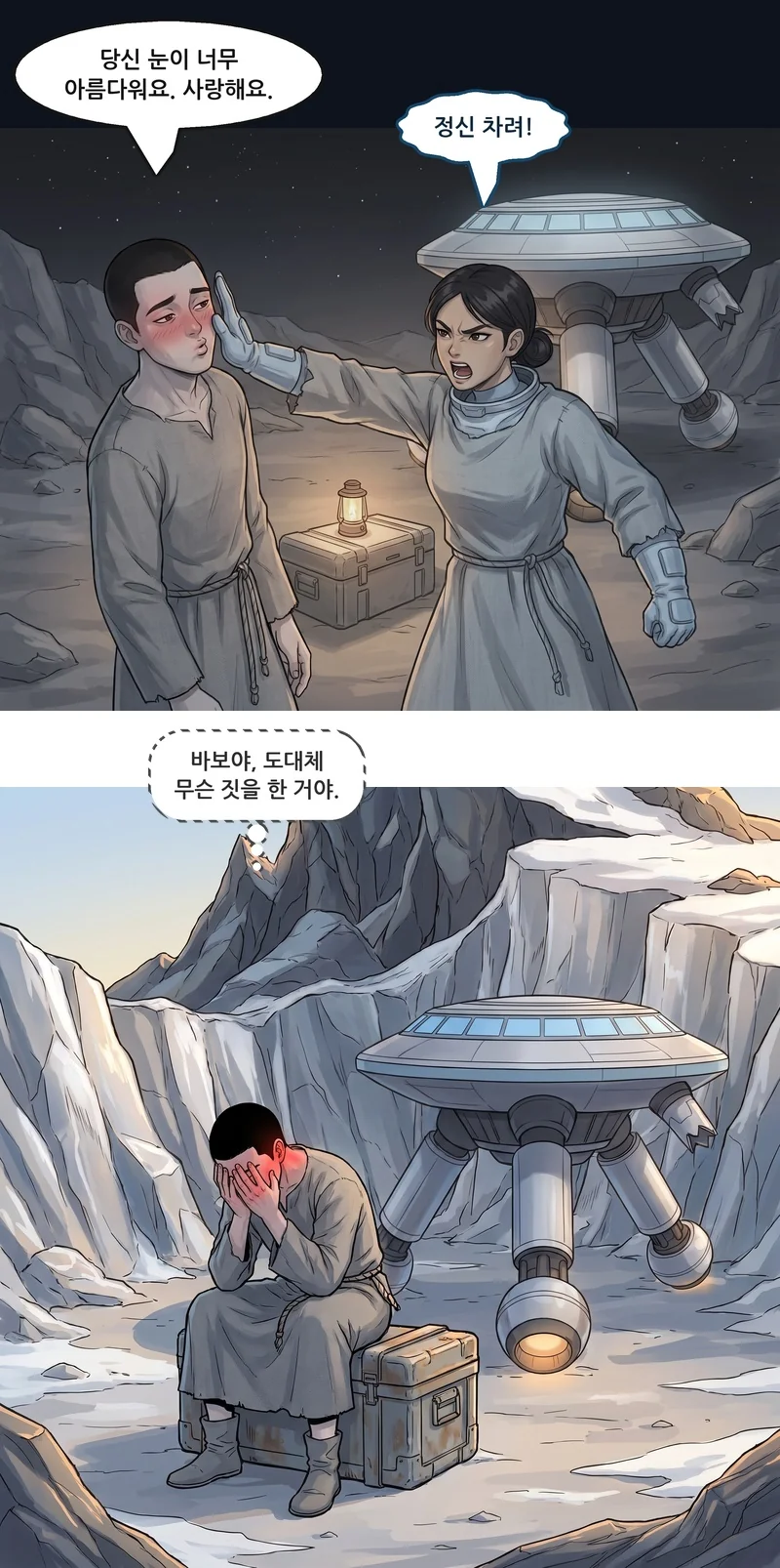 댄: “당신 눈이 너무 아름다워요. 사랑해요.” 메이: “정신 차려!” 댄(속마음): ‘바보야, 도대체 무슨 짓을 한 거야.’