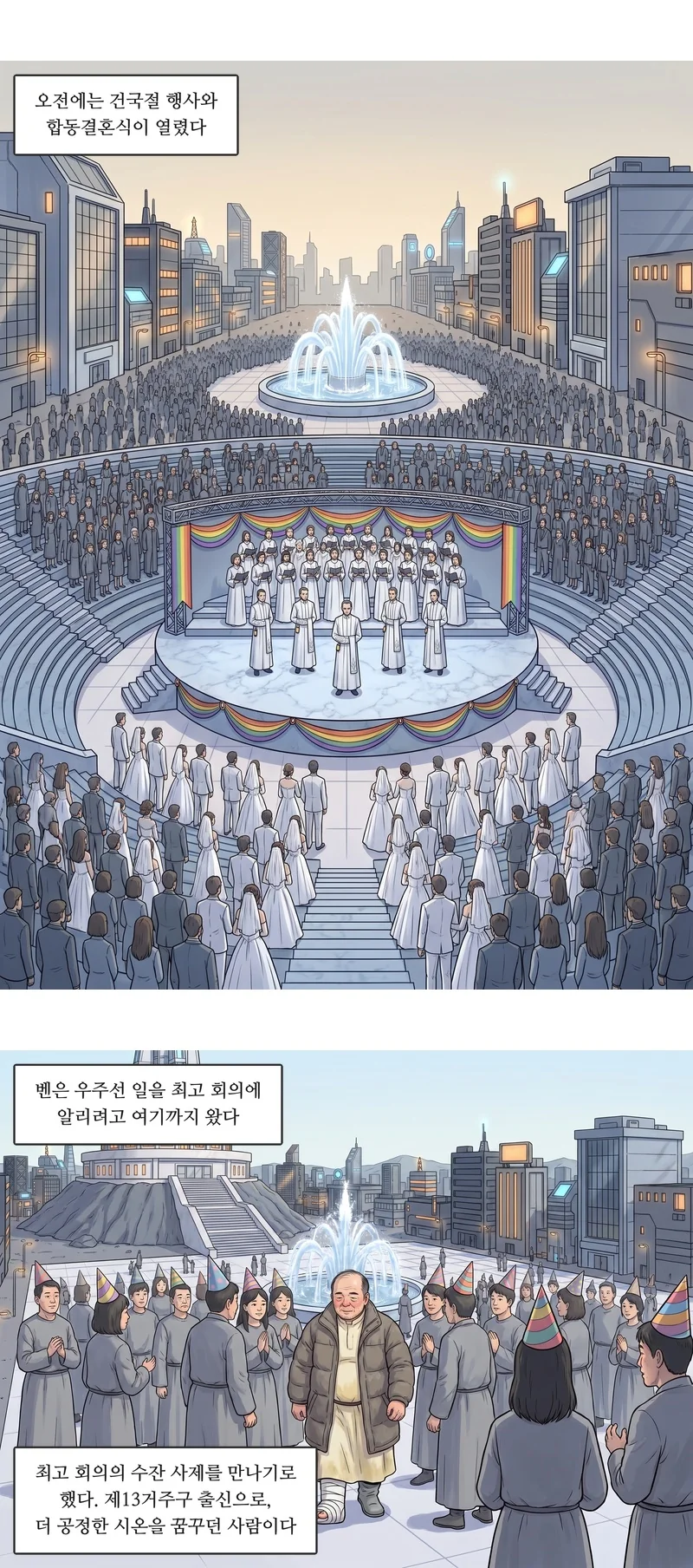 자막: 오전에는 건국절 행사와 합동결혼식이 열렸다. 자막: 벤은 우주선 일을 최고 회의에 알리려고 여기까지 왔다. 자막: 최고 회의의 수잔 사제를 만나기로 했다. 제13거주구 출신으로, 더 공정한 시온을 꿈꾸던 사람이다.