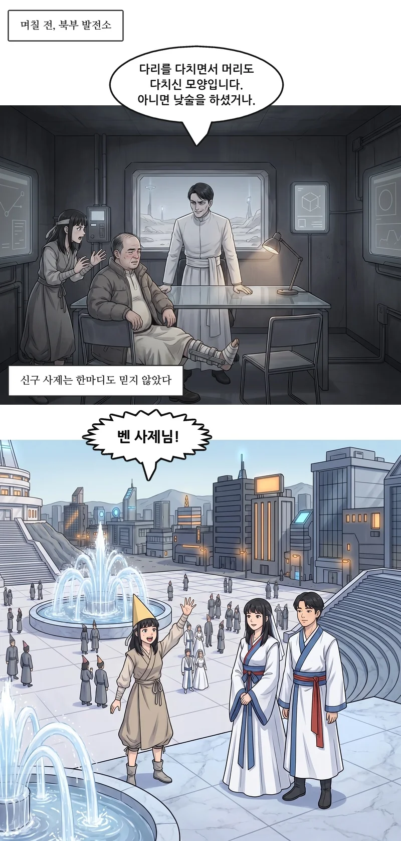자막: 며칠 전, 북부 발전소. 신구: “다리를 다치면서 머리도 다치신 모양입니다. 아니면 낮술을 하셨거나.” 자막: 신구 사제는 한마디도 믿지 않았다. 유나: “벤 사제님!”