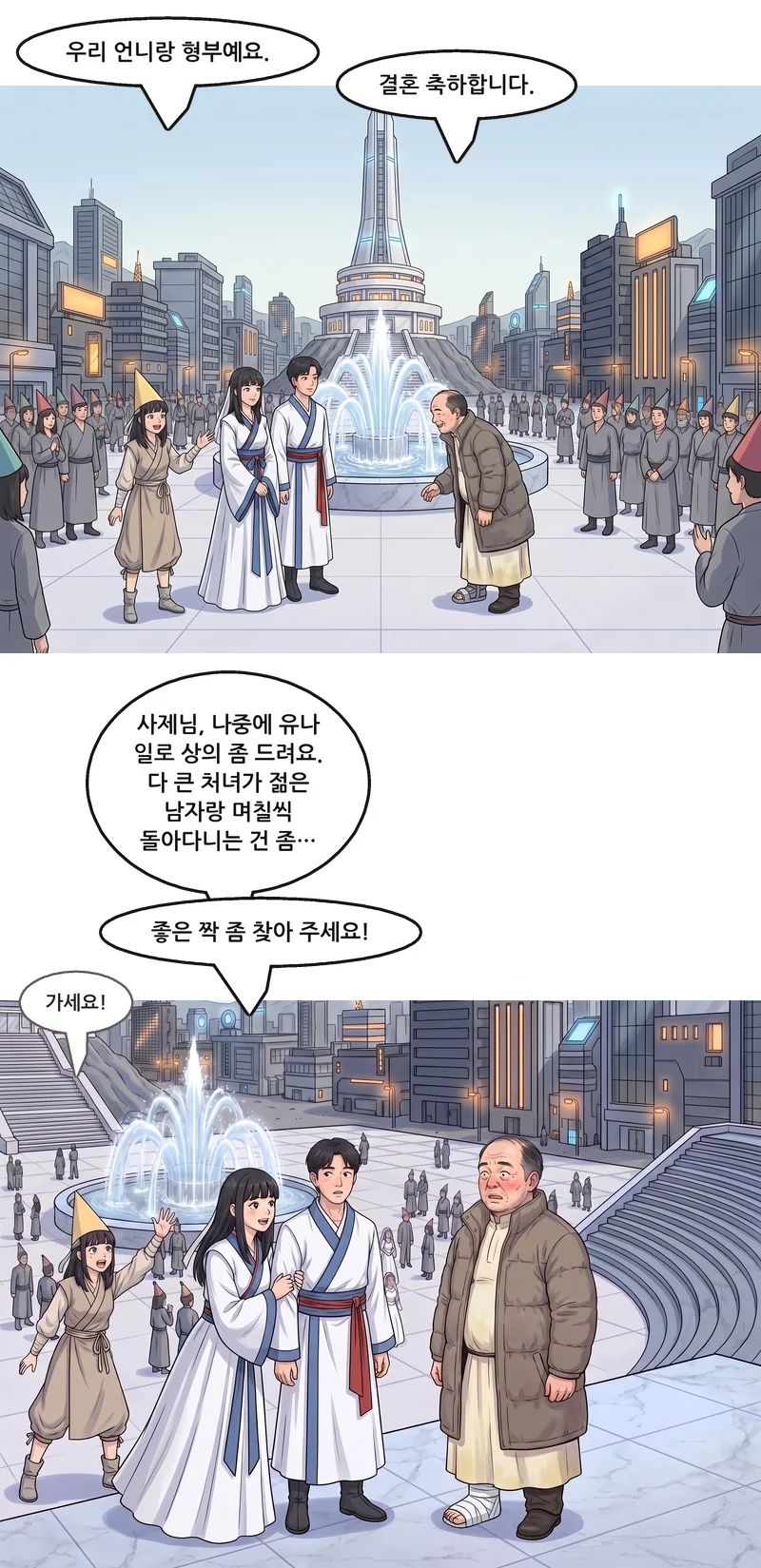유나: “우리 언니랑 형부예요.” 벤: “결혼 축하합니다.” 언니: “사제님, 나중에 유나 일로 상의 좀 드려요. 다 큰 처녀가 젊은 남자랑 며칠씩 돌아다니는 건 좀…” 언니: “좋은 짝 좀 찾아 주세요!” 유나(작게): “가세요!”