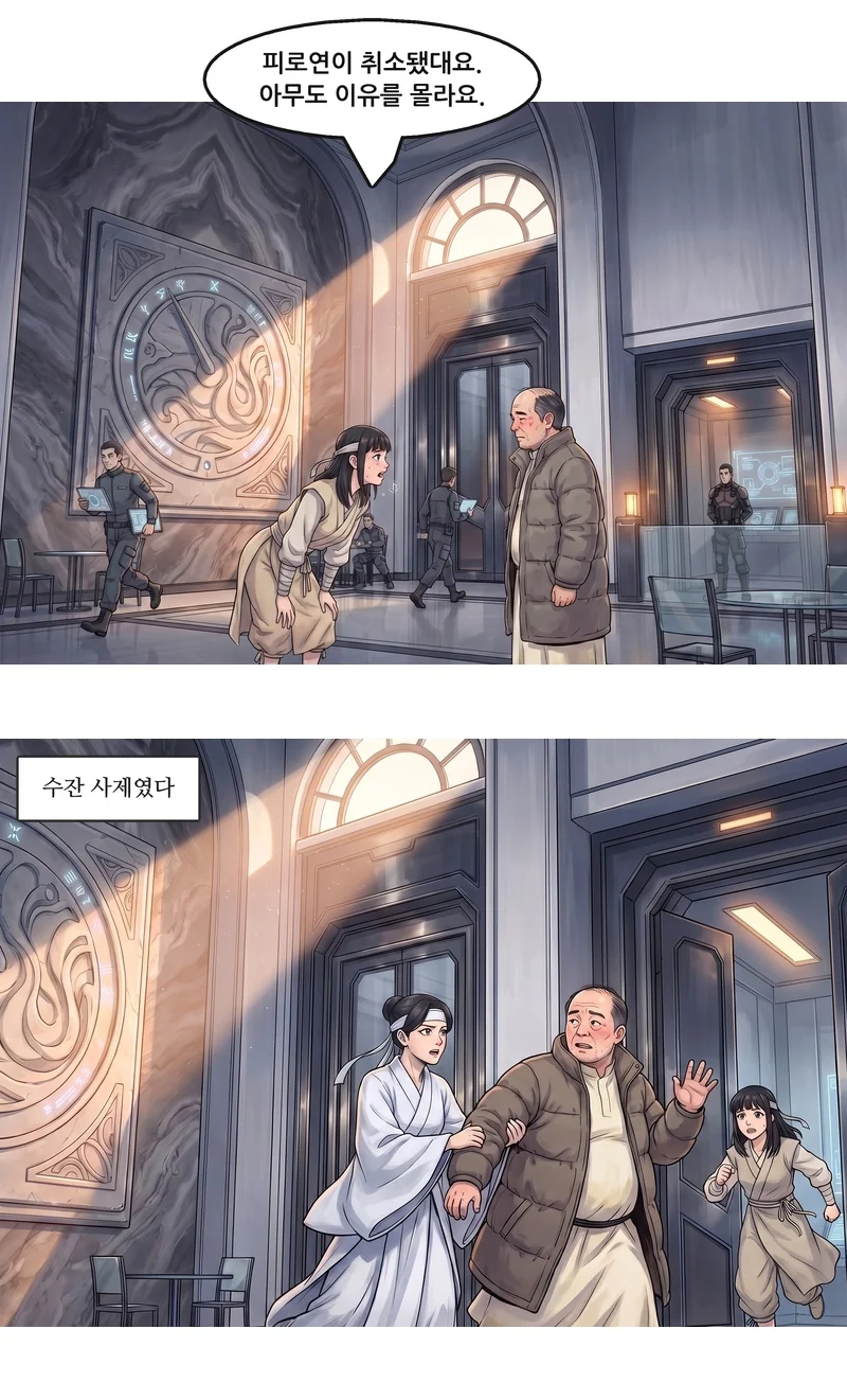유나: “피로연이 취소됐대요. 아무도 이유를 몰라요.” 자막: 수잔 사제였다.
