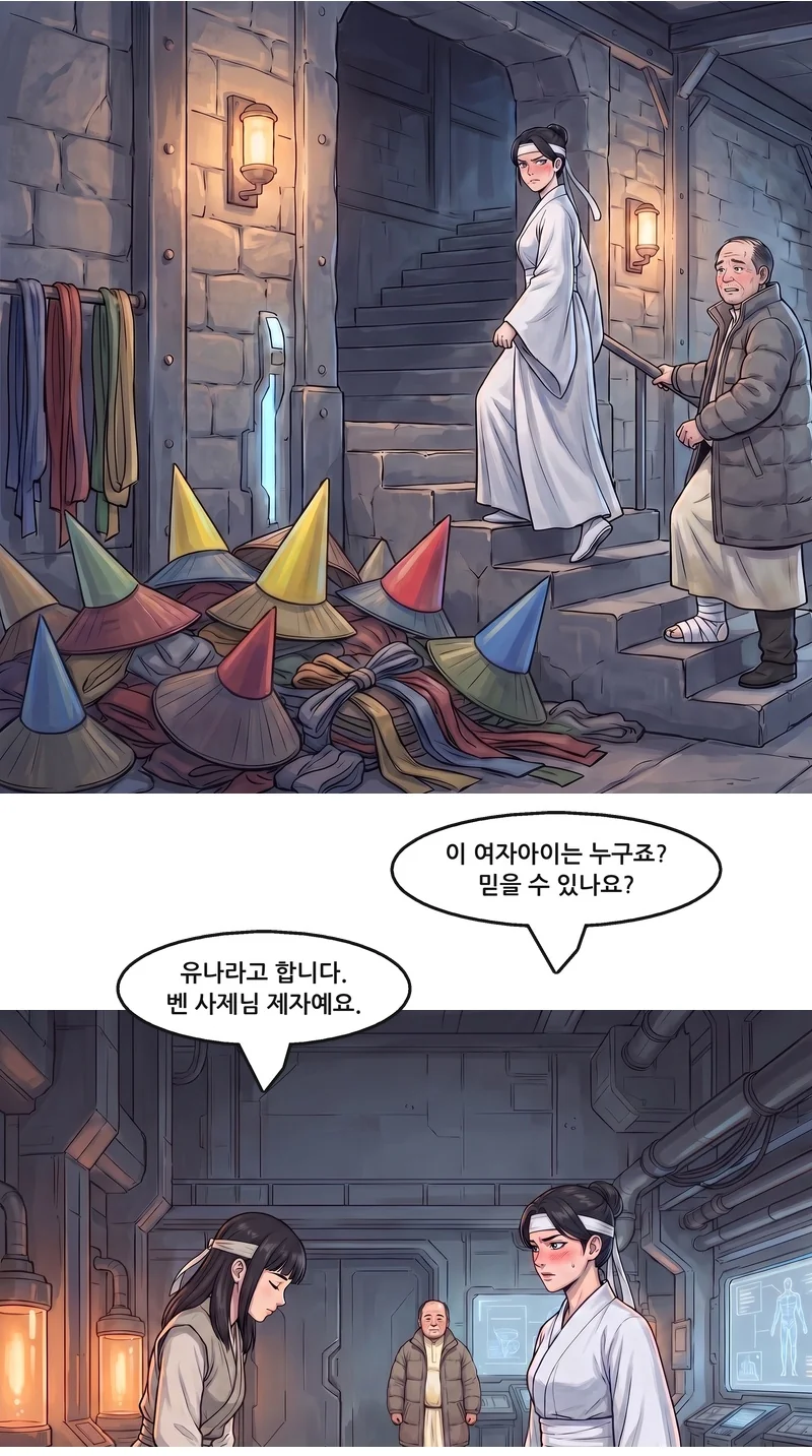 수잔: “이 여자아이는 누구죠? 믿을 수 있나요?” 유나: “유나라고 합니다. 벤 사제님 제자예요.”