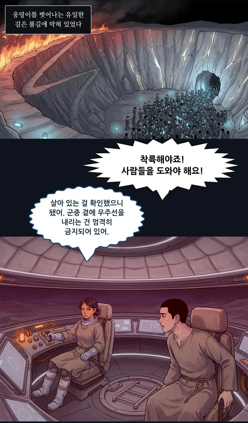 자막: 웅덩이를 벗어나는 유일한 길은 불길에 막혀 있었다. 댄: “착륙해야죠! 사람들을 도와야 해요!” 메이: “살아 있는 걸 확인했으니 됐어. 군중 곁에 우주선을 내리는 건 엄격히 금지되어 있어.”