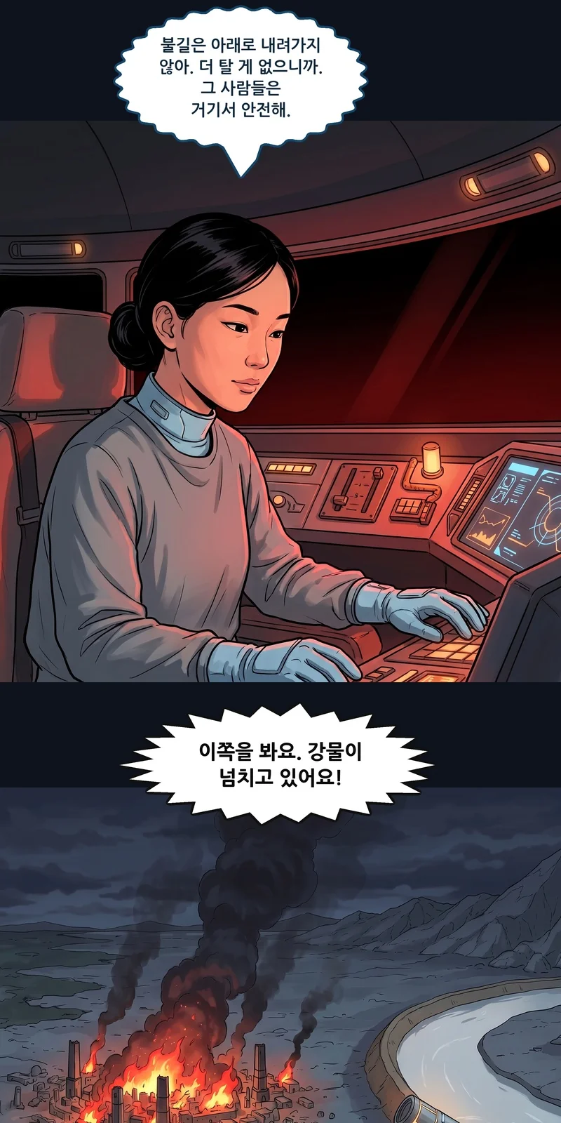 메이: “불길은 아래로 내려가지 않아. 더 탈 게 없으니까. 그 사람들은 거기서 안전해.” 댄: “이쪽을 봐요. 강물이 넘치고 있어요!”