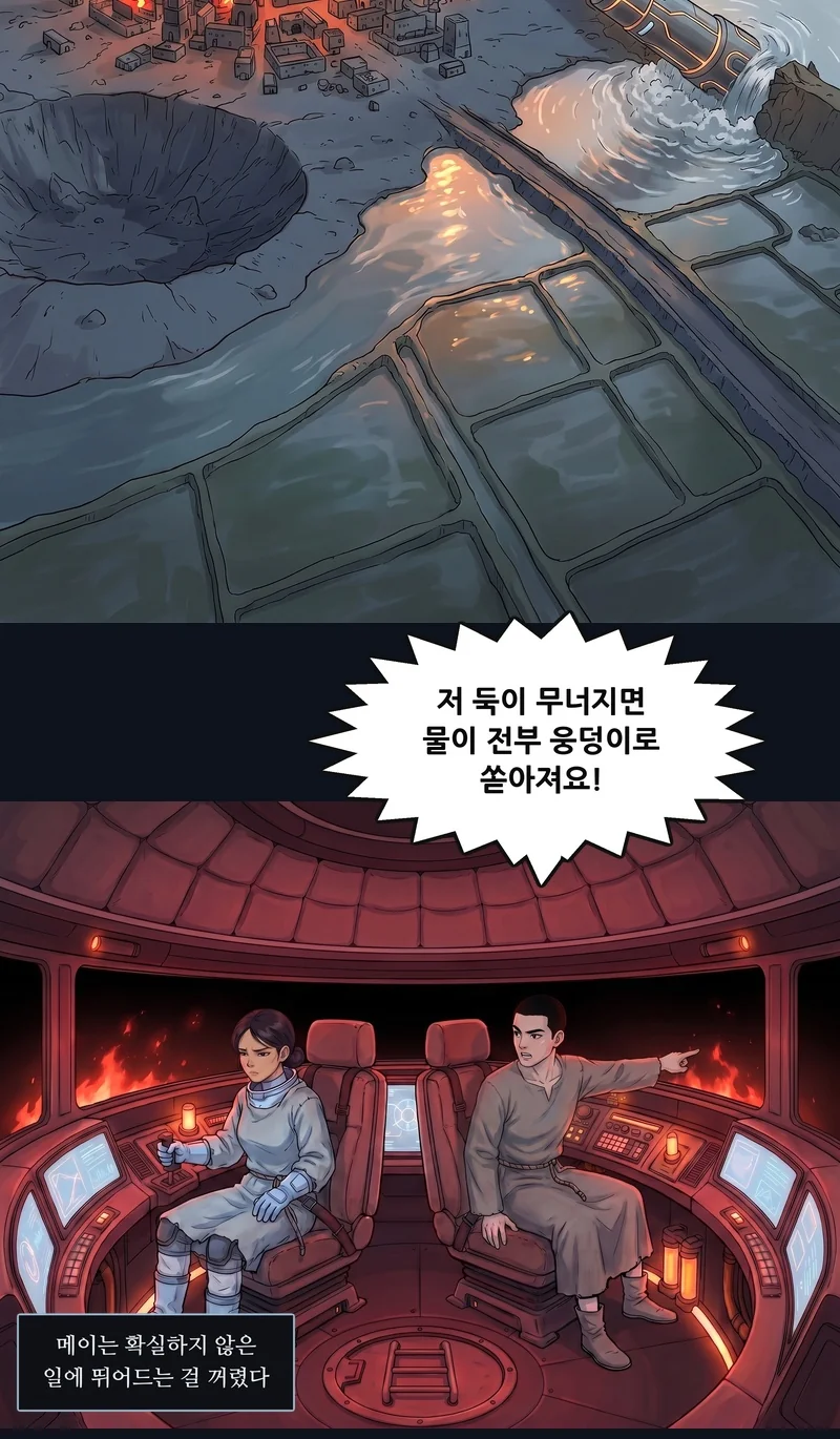 댄: “저 둑이 무너지면 물이 전부 웅덩이로 쏟아져요!” 자막: 메이는 확실하지 않은 일에 뛰어드는 걸 꺼렸다.