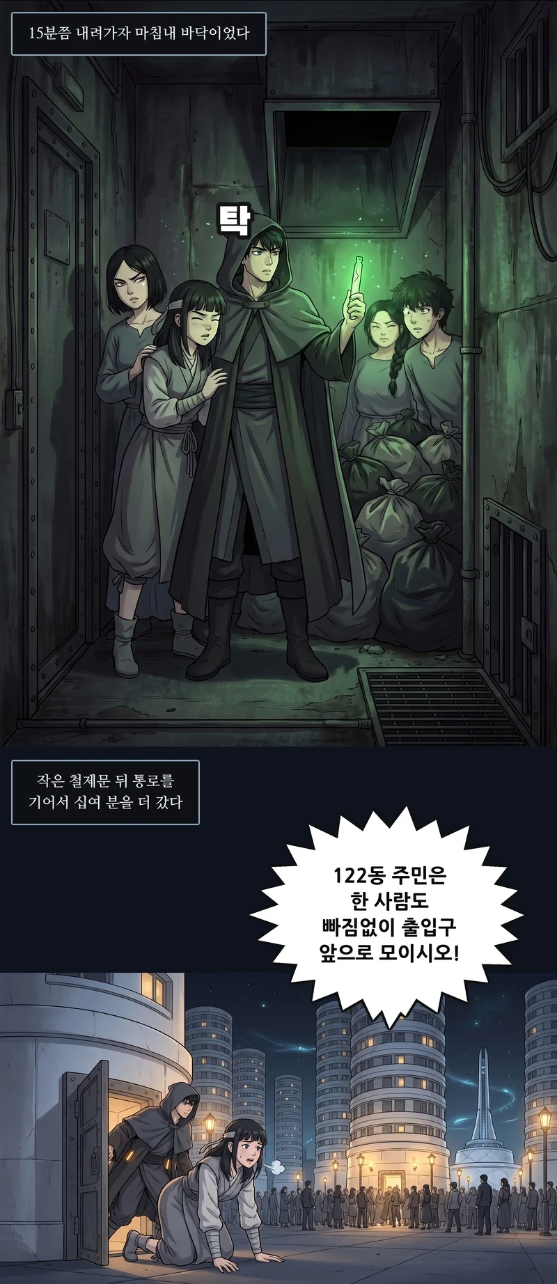 자막: 15분쯤 내려가자 마침내 바닥이었다. 효과음: 탁. 자막: 작은 철제문 뒤 통로를 기어서 십여 분을 더 갔다. 확성기: “122동 주민은 한 사람도 빠짐없이 출입구 앞으로 모이시오!”