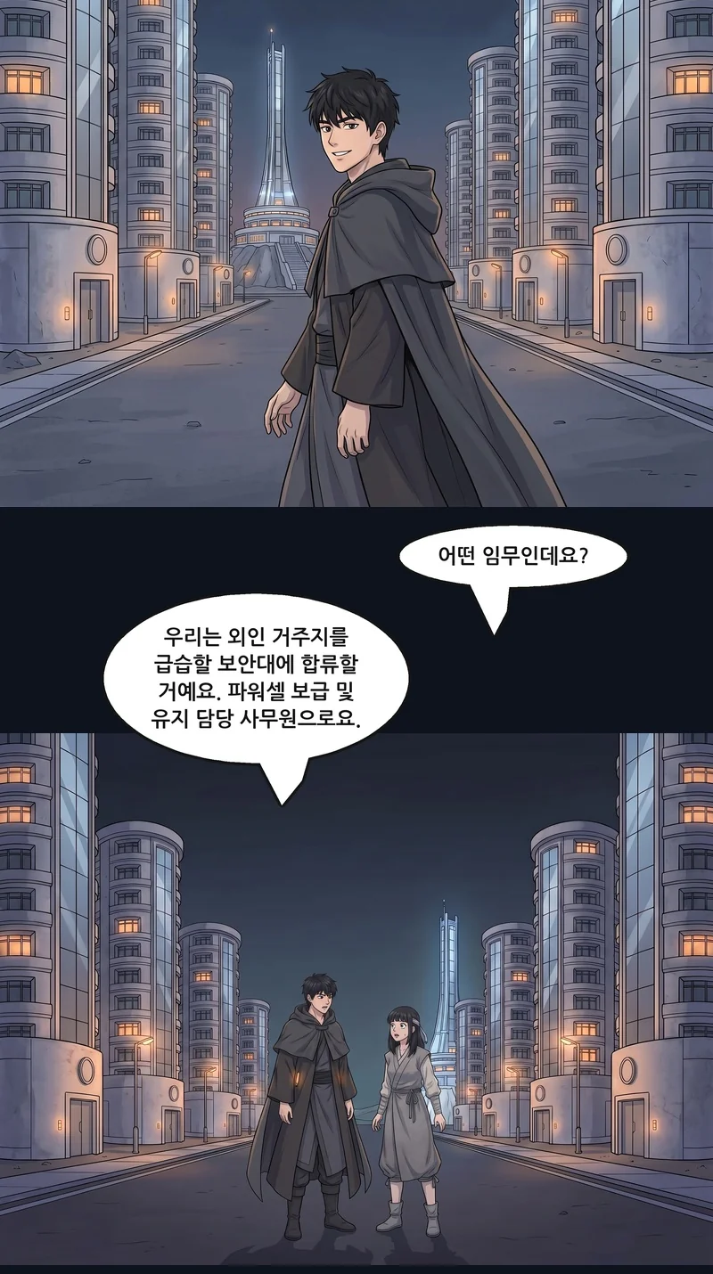 유나: “어떤 임무인데요?” 론: “우리는 외인 거주지를 급습할 보안대에 합류할 거예요. 파워셀 보급 및 유지 담당 사무원으로요.”