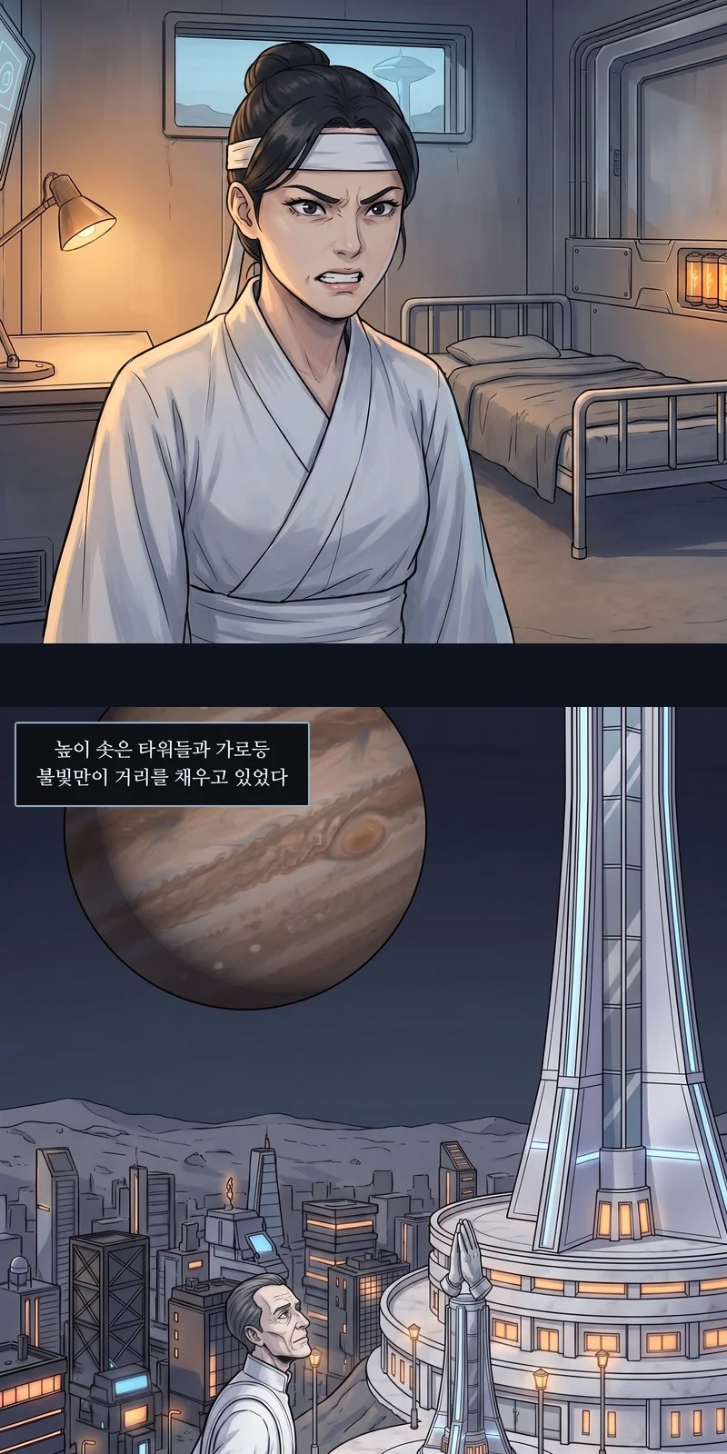 자막: 높이 솟은 타워들과 가로등 불빛만이 거리를 채우고 있었다.