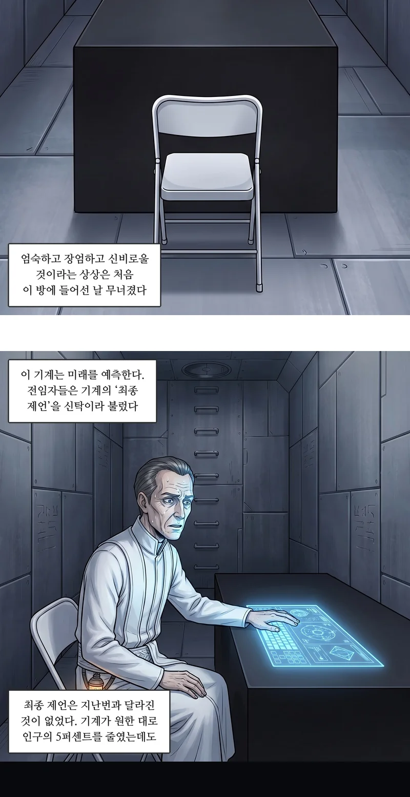 자막: 엄숙하고 장엄하고 신비로울 것이라는 상상은 처음 이 방에 들어선 날 무너졌다. 자막: 이 기계는 미래를 예측한다. 전임자들은 기계의 ‘최종 제언’을 신탁이라 불렀다. 자막: 최종 제언은 지난번과 달라진 것이 없었다. 기계가 원한 대로 인구의 5퍼센트를 줄였는데도.